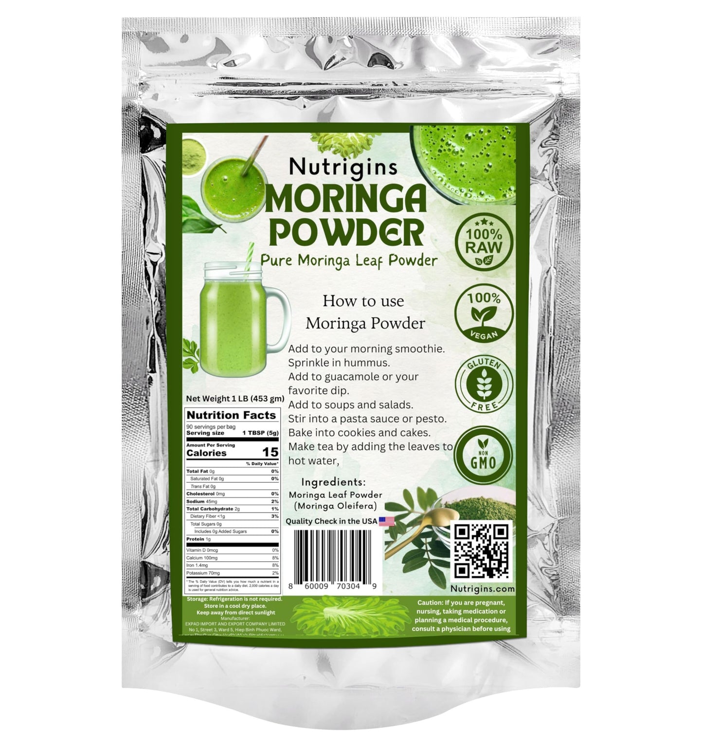 Nutrigins Moringa Powder - 1 lb - Organic Moringa Oleifera - 100% Raw and Pure Moringa Leaf Powder - Great for Drinks, Tea, Smoothies & Recipes