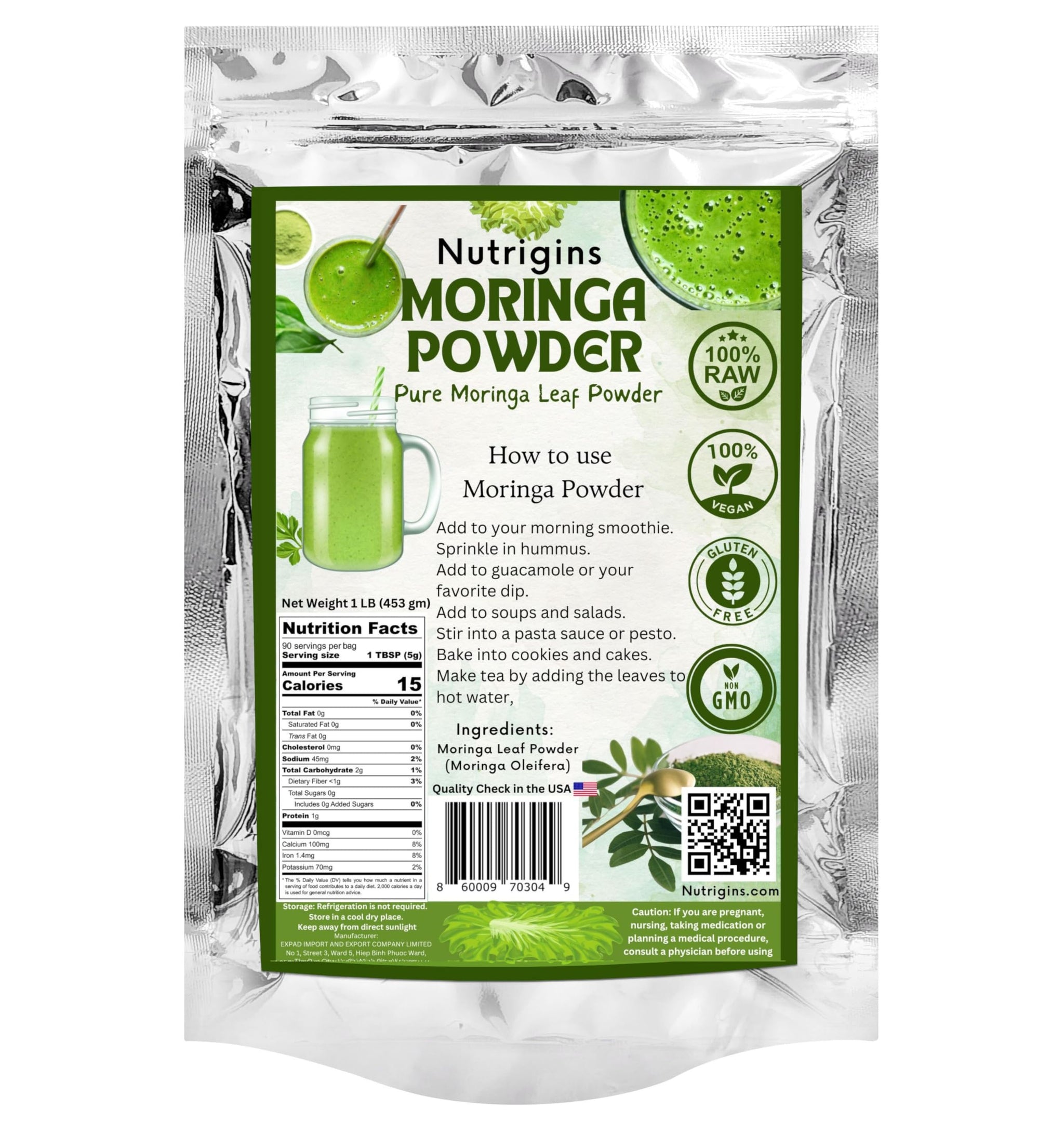 Nutrigins Moringa Powder - 1 lb - Organic Moringa Oleifera - 100% Raw and Pure Moringa Leaf Powder - Great for Drinks, Tea, Smoothies & Recipes