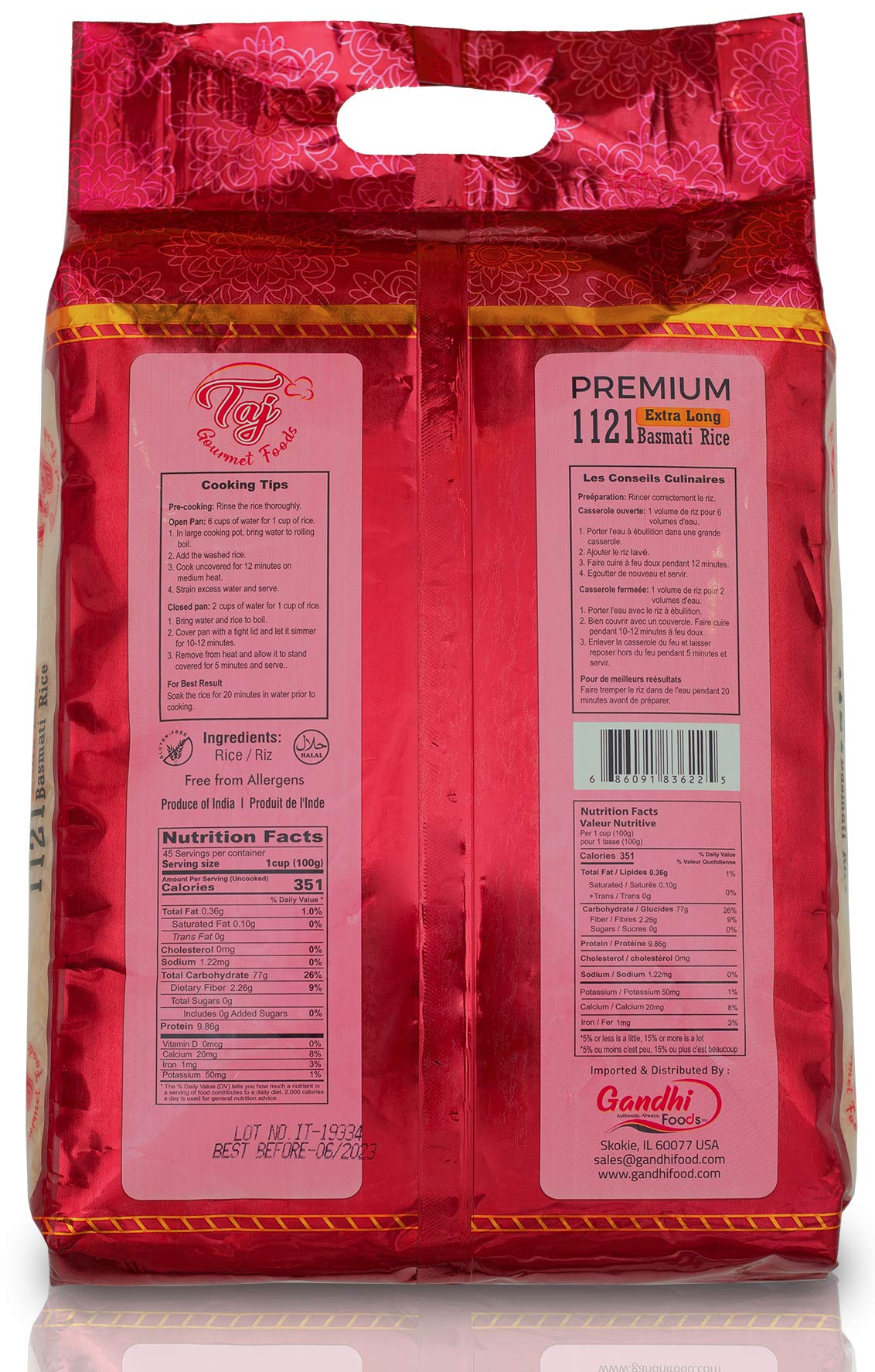 TAJ Premium 1121 Basmati Rice, Extra Long Grain Basmati Rice from India | 10lbs