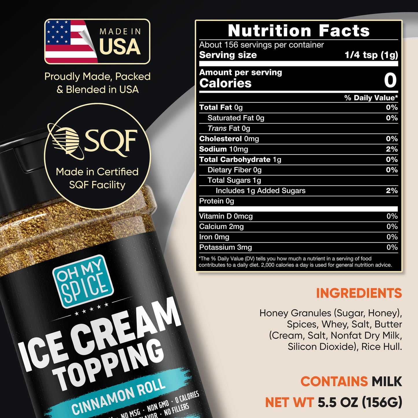 Ice Cream Topping Cinnamon Roll Mix - Gluten Free & Low Sodium Cinnamon and Sugar Flavor for Coffee Toppings. Cinammon Sugar Powder Seasoning