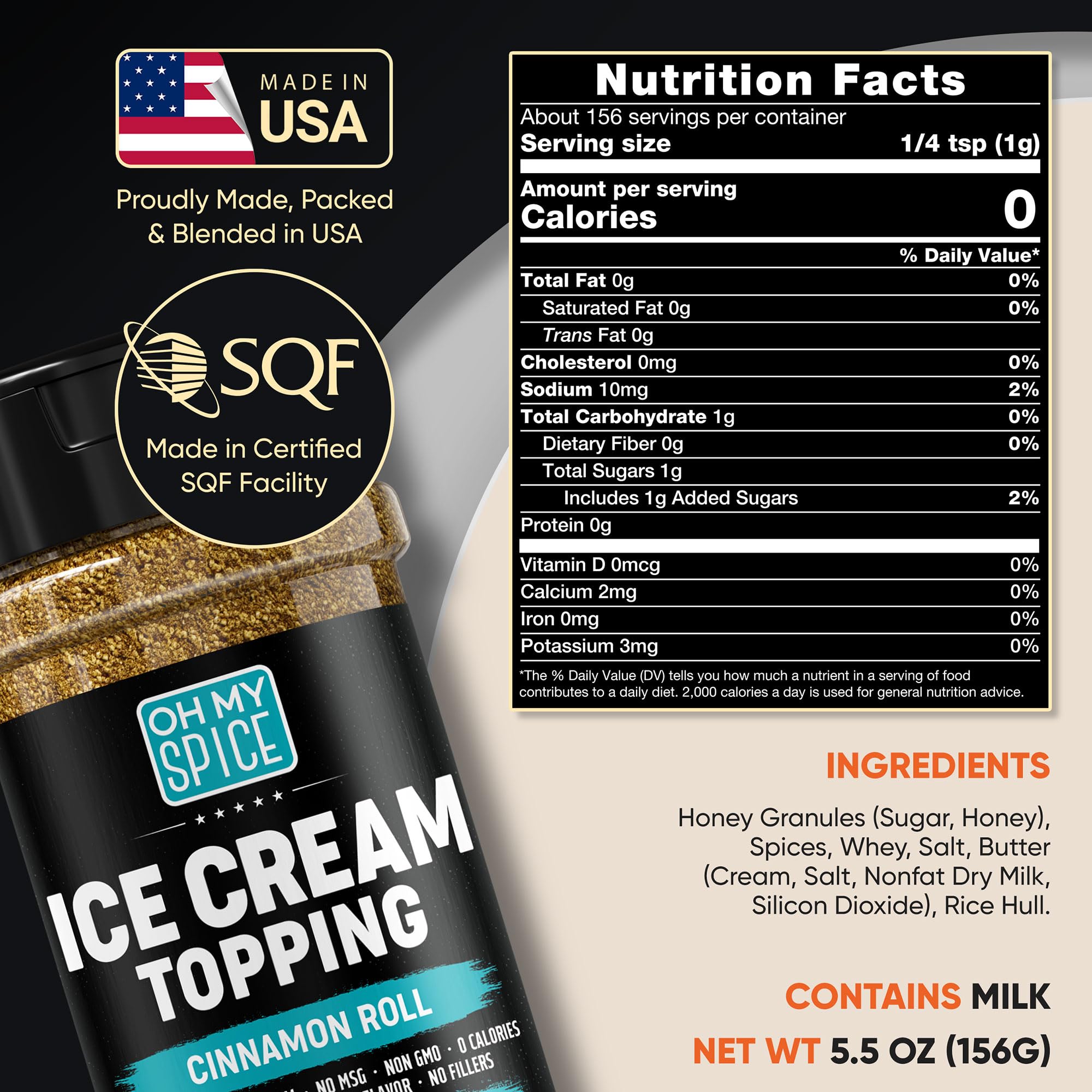 Ice Cream Topping Cinnamon Roll Mix - Gluten Free & Low Sodium Cinnamon and Sugar Flavor for Coffee Toppings. Cinammon Sugar Powder Seasoning