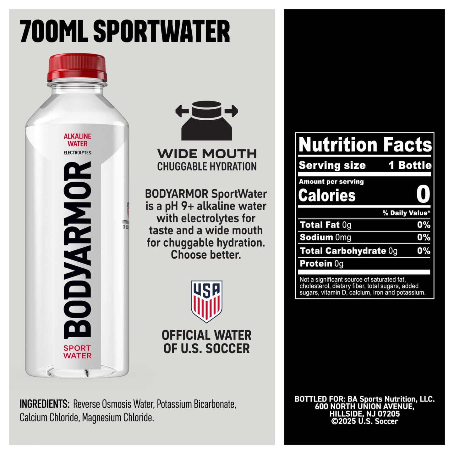 BODYARMOR SportWater Alkaline Water, High Alkaline Bottled Water, pH 9+, 700mL (24 Pack), Refreshing Electrolyte Drink Pack, Wide Mouth Bottle