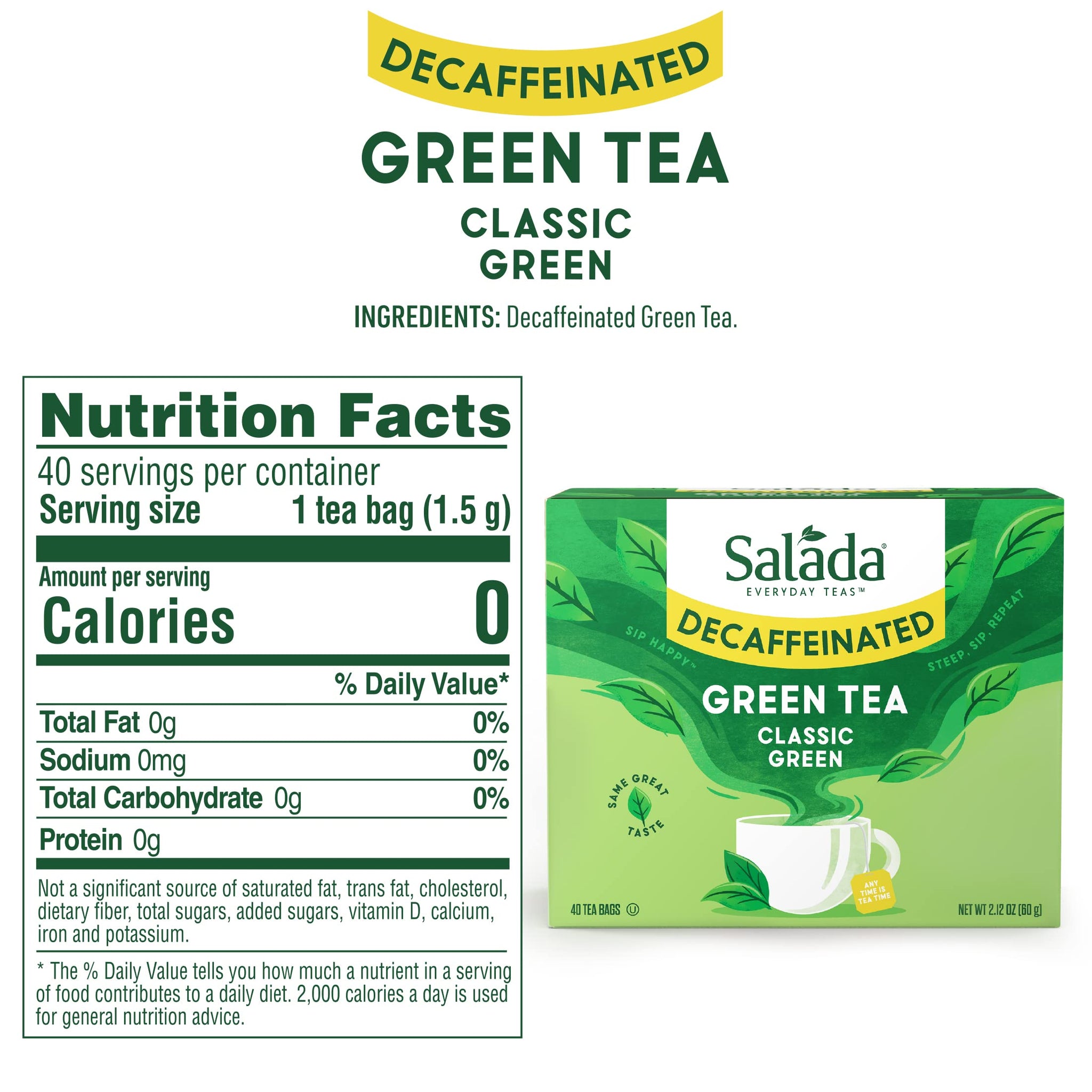 Salada Green Tea Decaffeinated with 40 Individually Wrapped Tea Bags Contains Caffeine Brew Hot Flavored Rich in Antioxidants Zero Calories