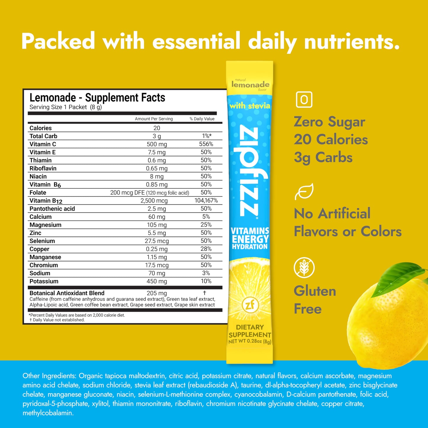 Zipfizz Stevia Energy Drink Powder, Lemonade, 10 Pack - 3-in-1 Sustained Energy, Rapid Hydration & Essential Vitamins - Sugar-Free, Non-Effervescent