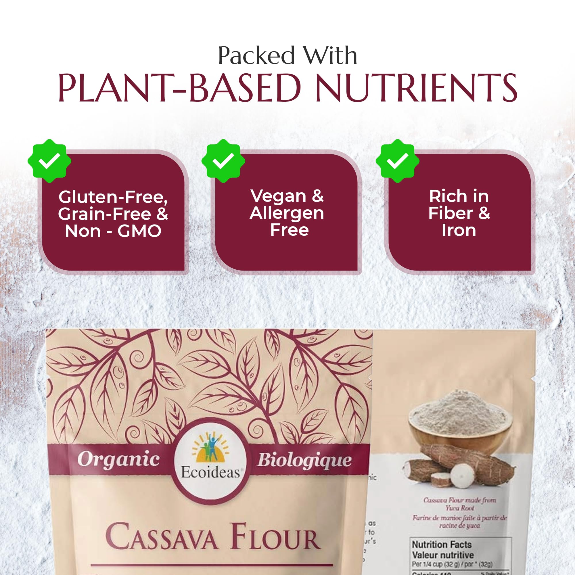 Ecoideas Organic Cassava Flour 500g - Gluten-Free, Grain-Free, Non-GMO - Ideal for Baking and Cooking - High Fiber, Iron-Rich, Perfect for Healthy