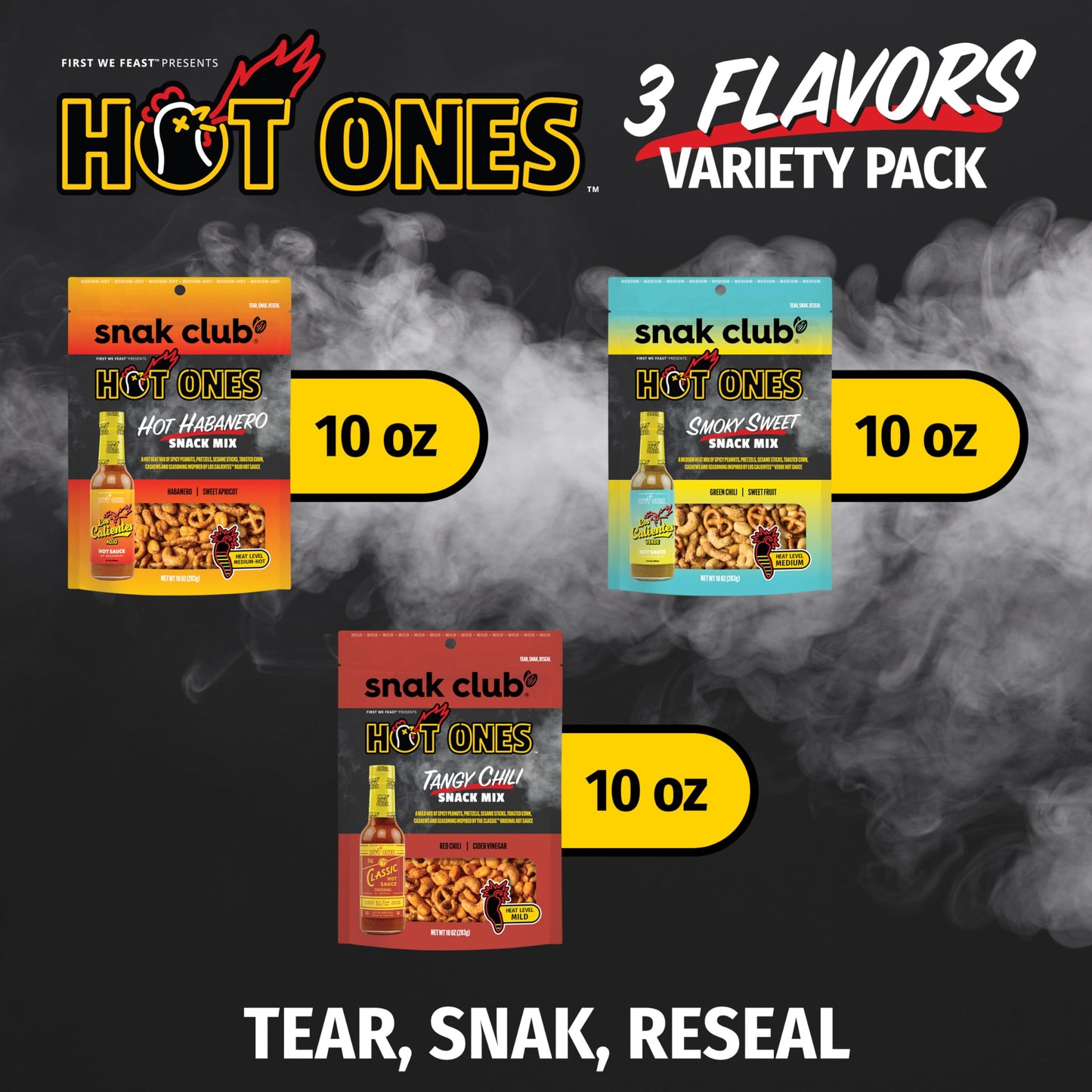 Snak Club x Hot Ones Snack Mix, Hot Habanero, Sweet Smoky, and Tangy Chili, Spicy Snacks with Peanuts, Pretzels, Sesame Sticks, Toasted Corn, Cashews