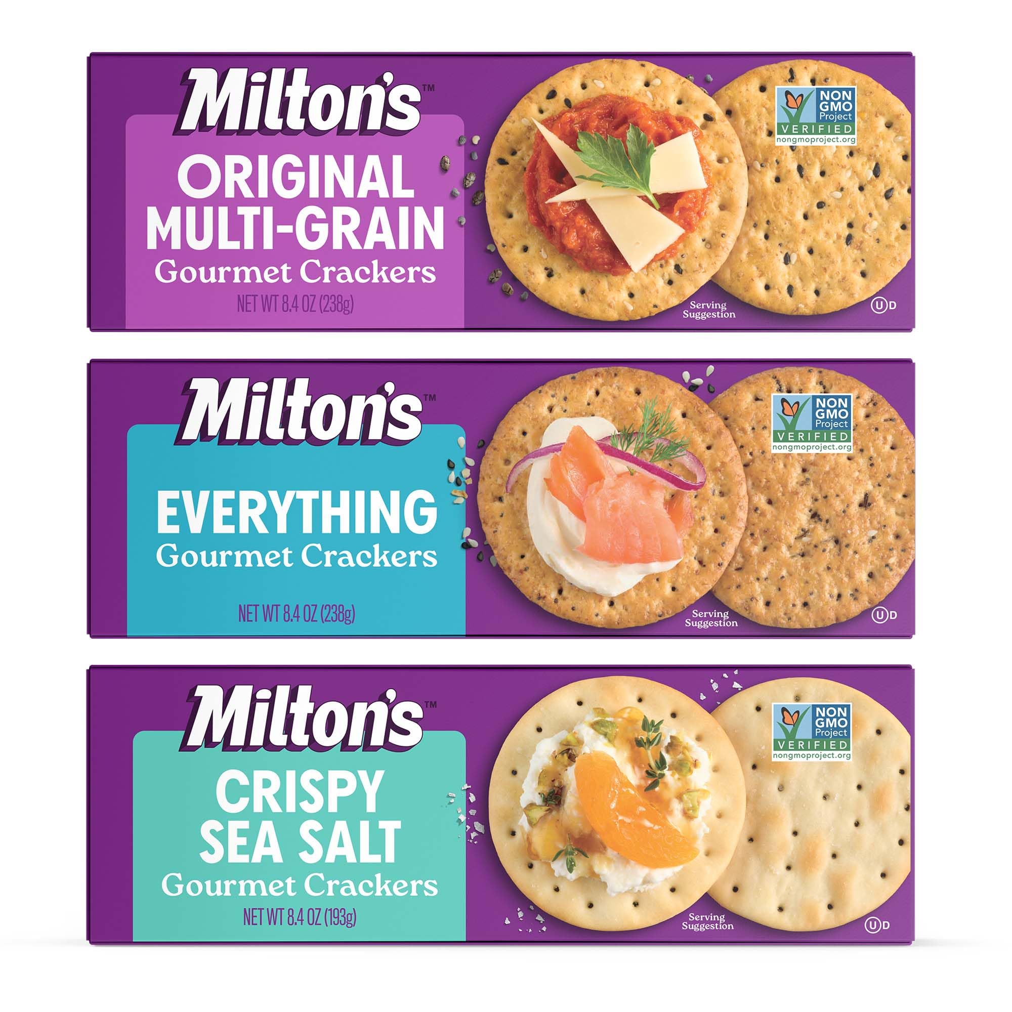 Milton's Craft Bakers Gourmet Crackers Variety Bundle (Multi-Grain, Everything, Crispy Sea Salt) - Non-GMO Project Verified, All Natural Ingredients