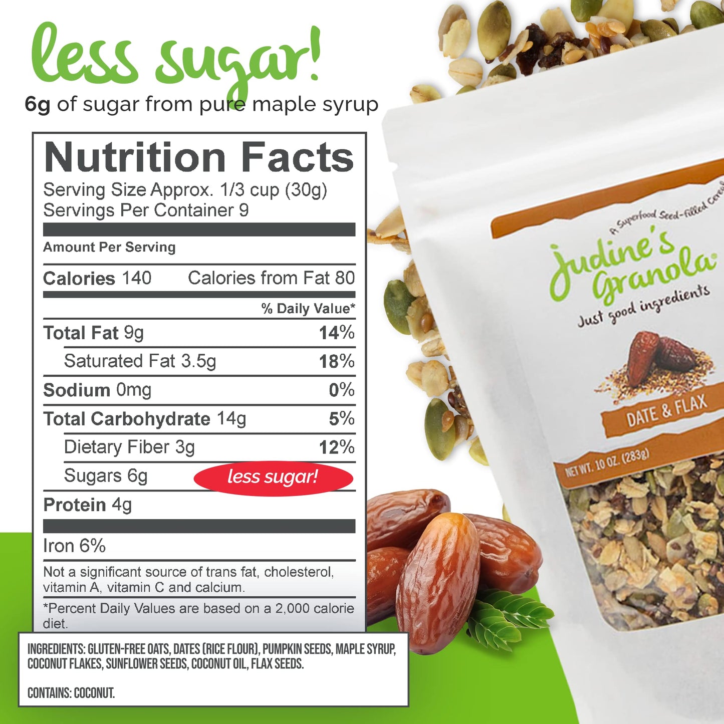 Judine's Granola Healthy Whole Grain Oats, Date and Flax, 10 Ounces, Pack of 1