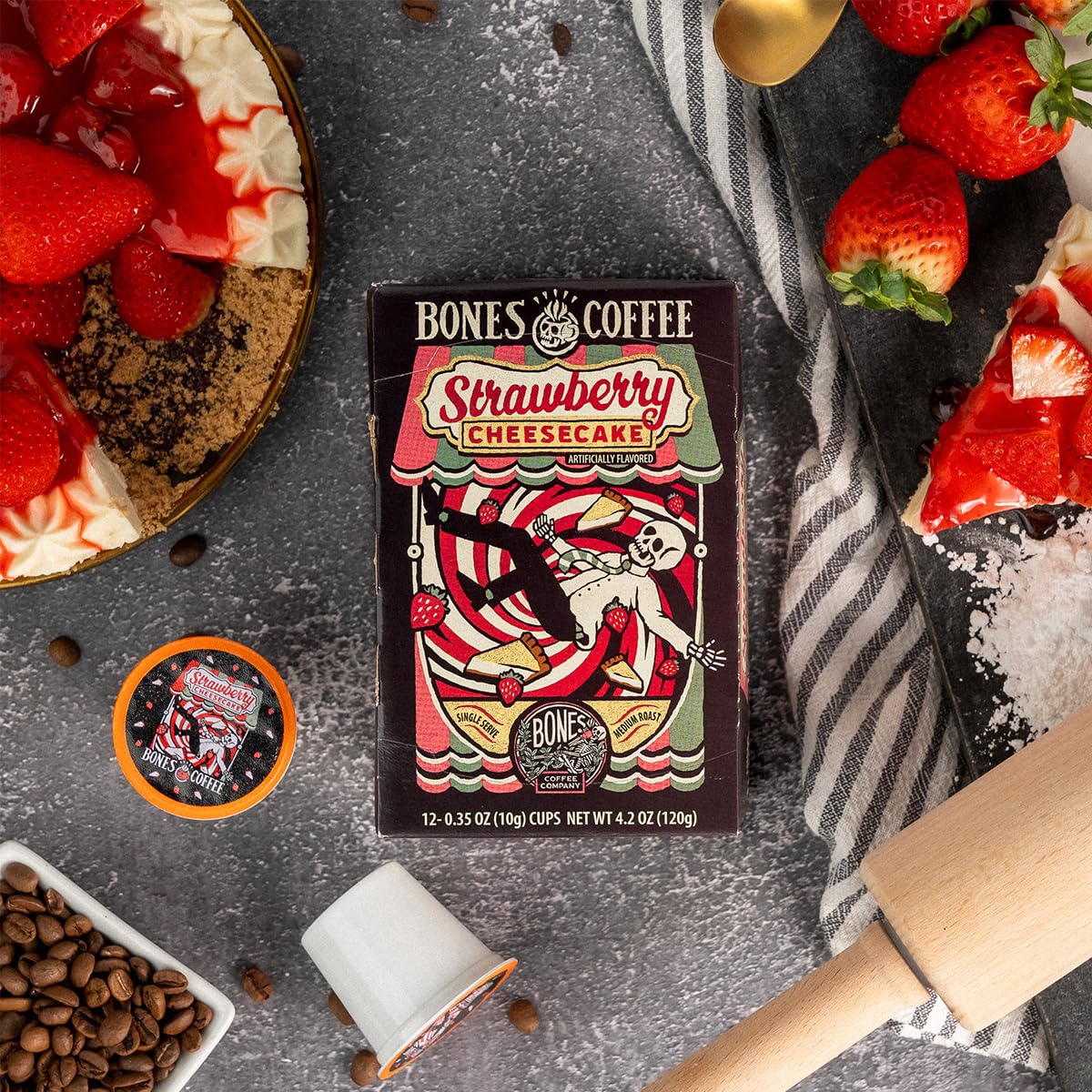 Bones Coffee Company Strawberry Cheesecake Flavored Coffee Pods, Low Acid Medium Roast Single-Serve Bones Cups, Compatible with 1.0 & 2.0 K-Cups