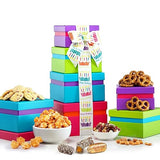 Broadway Basketeers Birthday Food Gift Basket 4 Box Tower - Snack Box, Sweet & Savory Treats for Parties, Best Wishes, Birthday Presents for Women