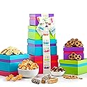 Broadway Basketeers Birthday Gift Basket Tower - Birthday Snack Box with Sweet and Savory Treats for Men, Women, & Kids