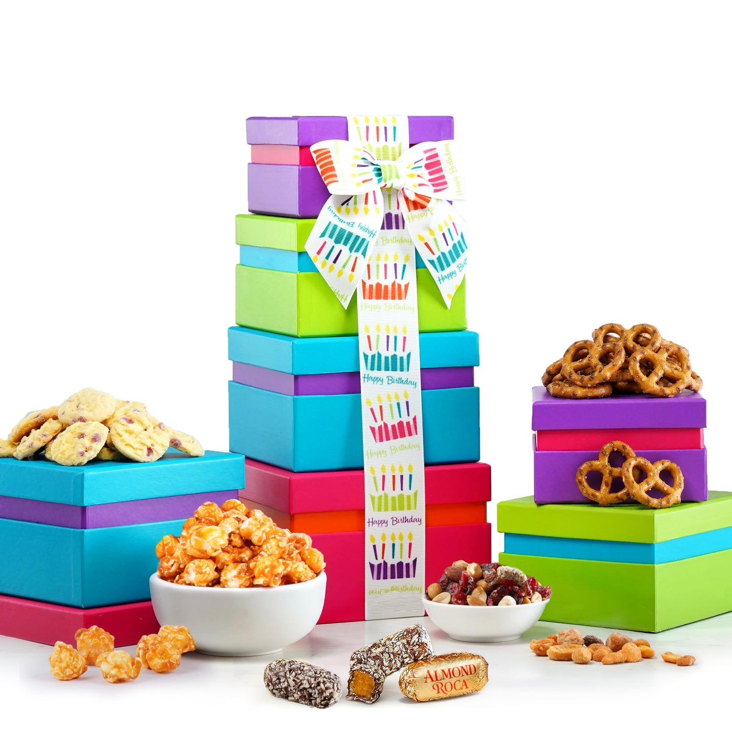 Broadway Basketeers Birthday Food Gift Basket 4 Box Tower - Snack Box, Sweet & Savory Treats for Parties, Best Wishes, Birthday Presents for Women