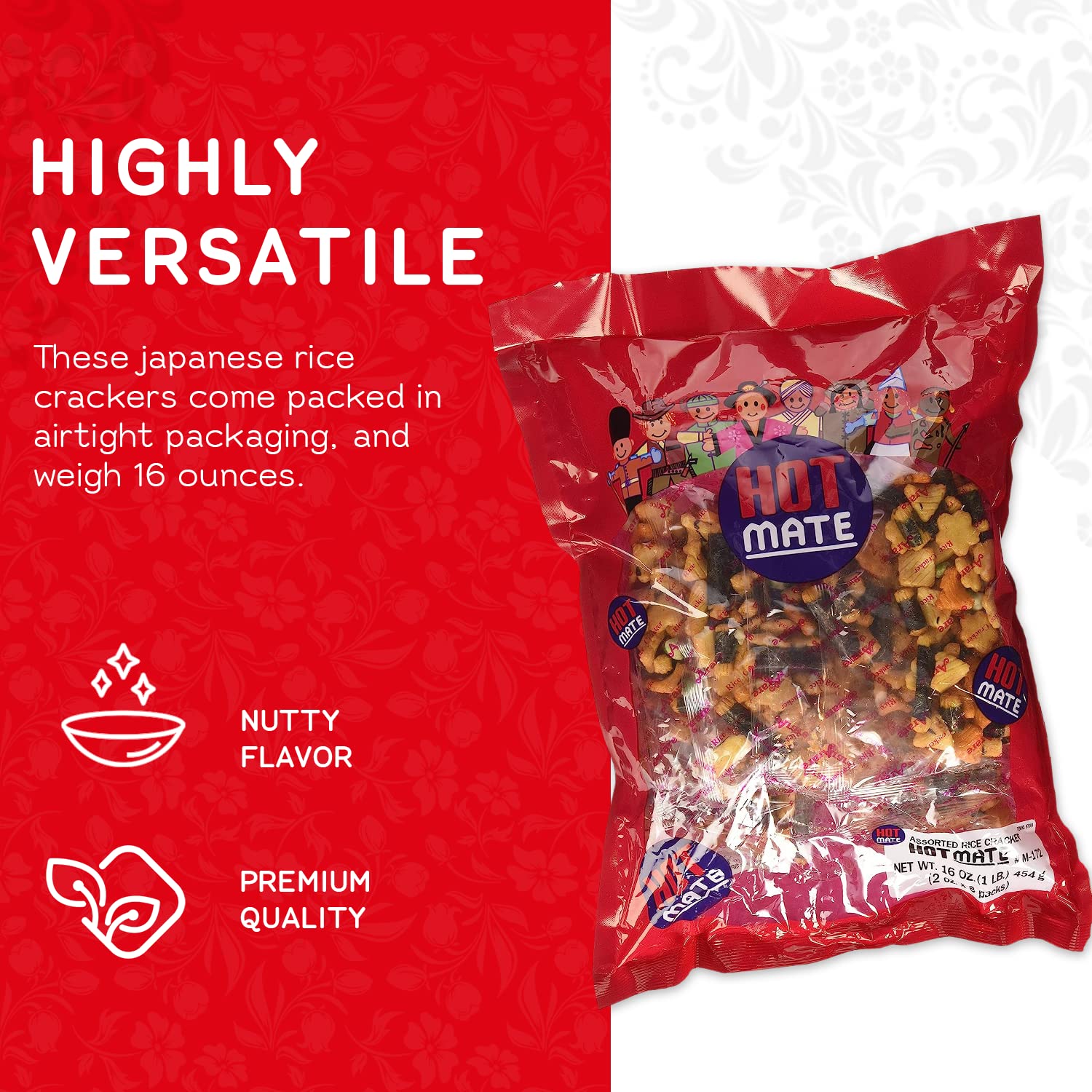 Shirakiku Hot Mate Japanese Rice Cracker | Oriental Asian Arare Rice Crackers with Glutinous Rice, Wasabi Green Peas, and Soy Sauce | Mixed Flavor, 16