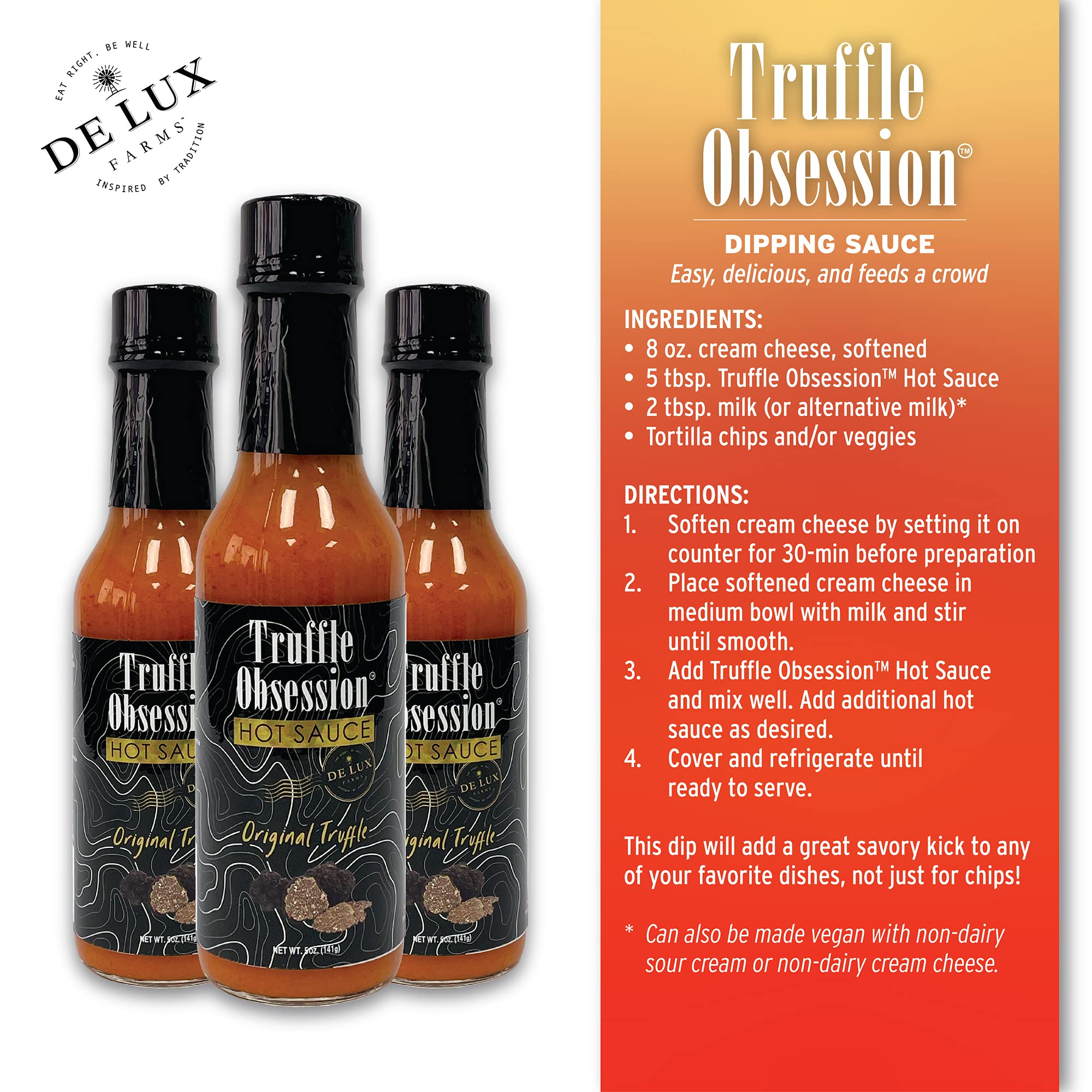 De Lux Farms-Truffle Obsession Gourmet Hot Sauce (Original, Mild Heat)-Kosher Certified Hot Sauce Made w/ Aged Cayenne Peppers and White Truffle