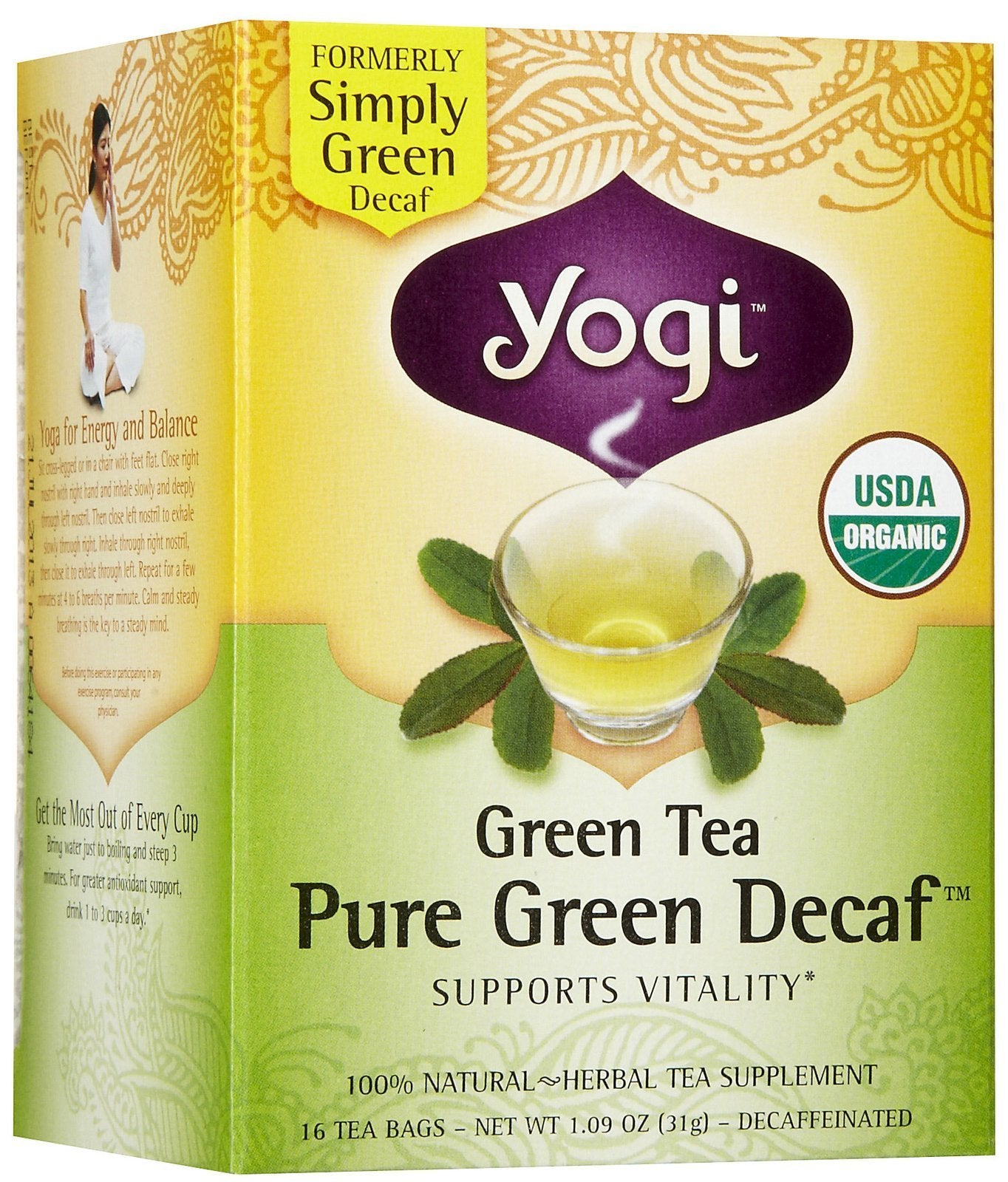 Yogi Tea Green Tea Pure Green Decaf, Herbal Supplement, Tea Bags, 16 ct
