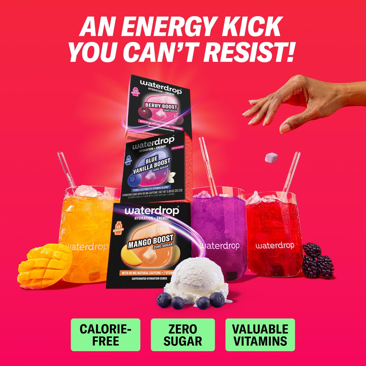 Waterdrop Microenergy Berry, Mango & Blue Vanilla Boost Mix - 36 Hydration Cubes with Natural Caffeine (90 mg/serving) - Sugar-Free, Vegan