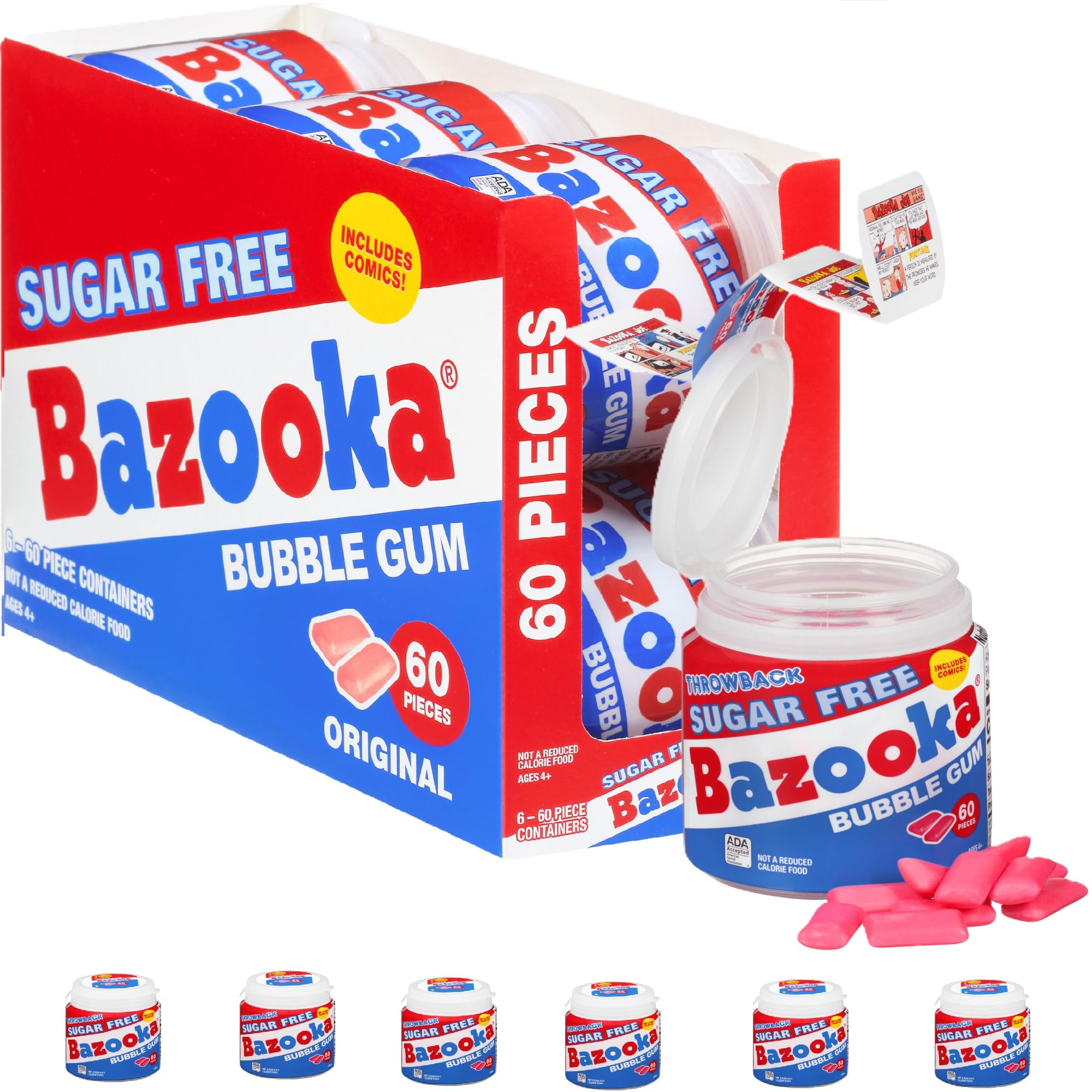 Bazooka Sugar Free Easter Bubble Gum - 60 Count To Go Cup (Pack Of 6) For Easter Basket Stuffers - Pink Chewing Gum Easter Candy In Original Sugarless