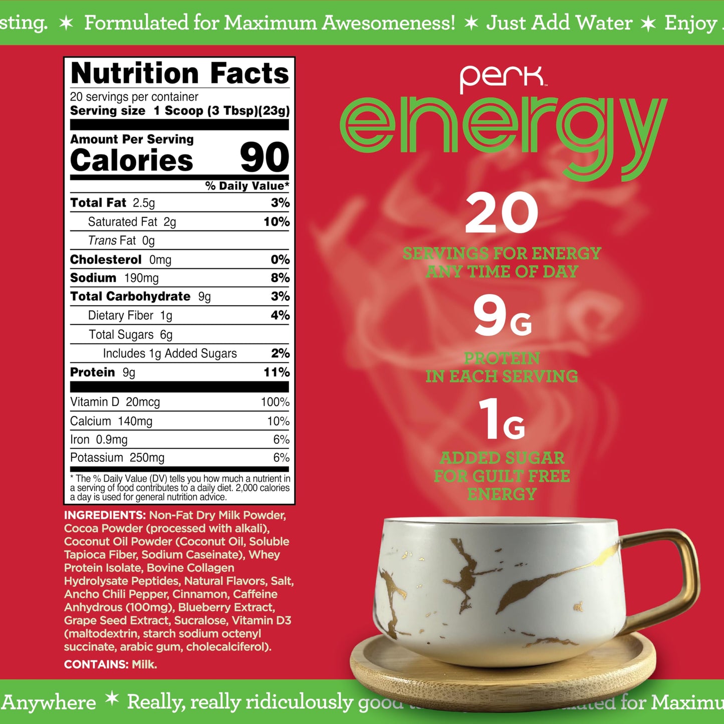 Perk Energy Drink Mix (Mexican Hot Chocolate) 20 Servings - Caffeinated Healthy Coffee Alternative with Protein, 100mg of Caffeine, Gluten-Free