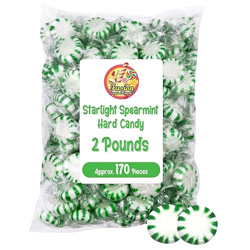 Starlight Spearmint Candy - 2 Pound Bulk (Approx 170 Pieces) Individually Wrapped Mints - Refreshing Green & White Spearmint Hard Candy Discs