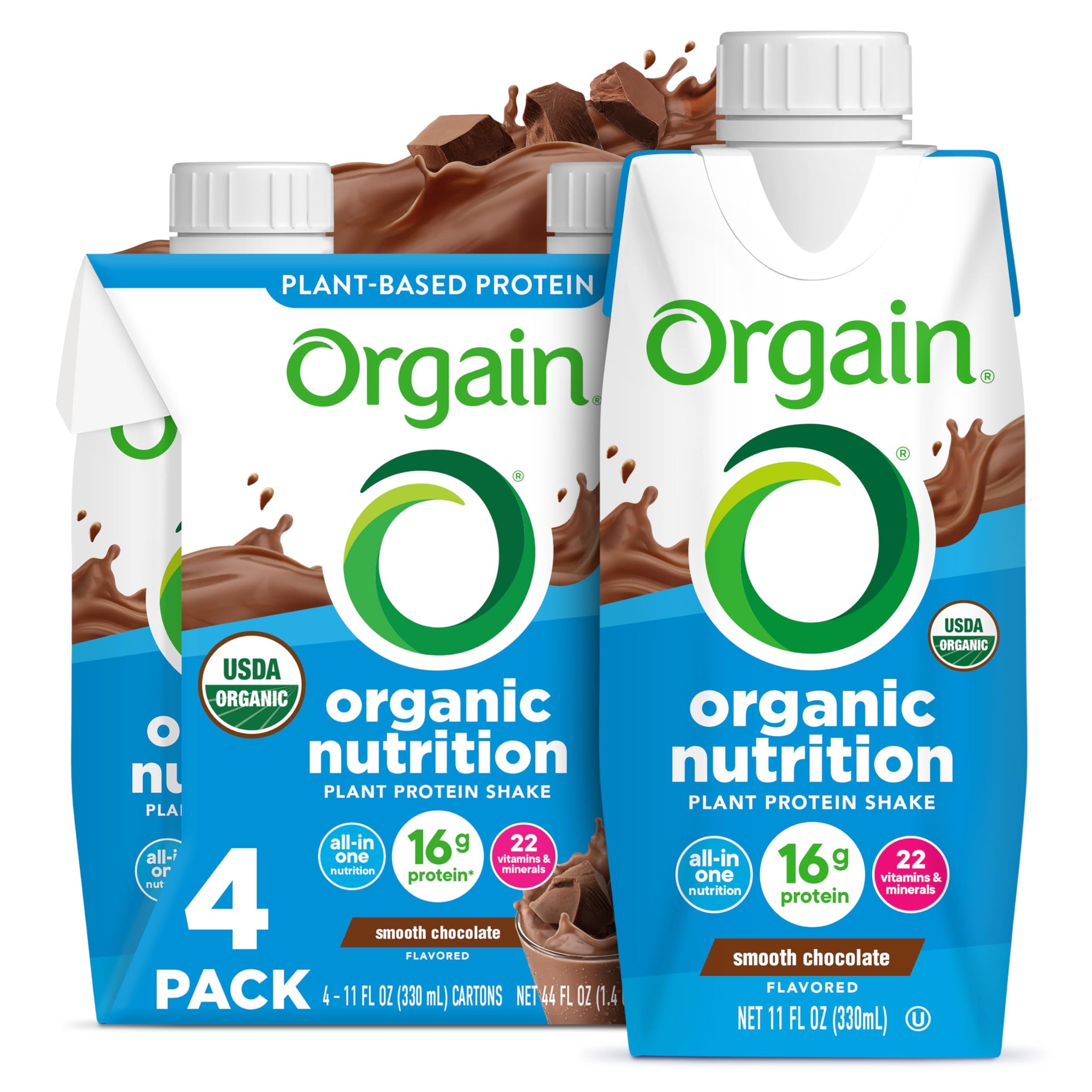 Orgain Organic Nutritional Vegan Protein Shake, Smooth Chocolate - 16g Plant Based Protein, Meal Replacement, 22 Vitamins & Minerals, Fruits