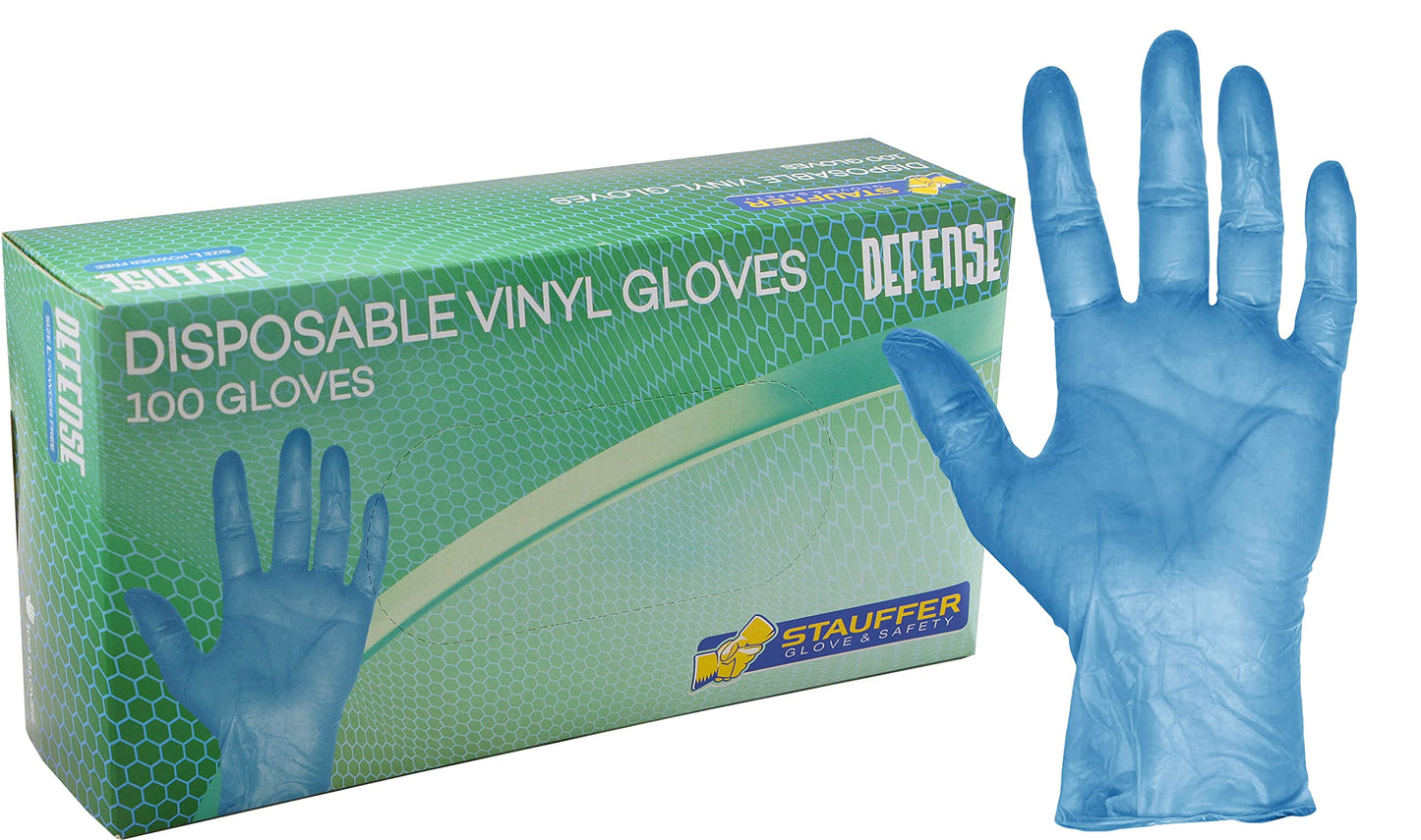 Blue Disposable Vinyl Gloves, Stauffer Defense, Powder Free, 10" Long Cuff, Tough & Strong - 2XL (Box of 100)