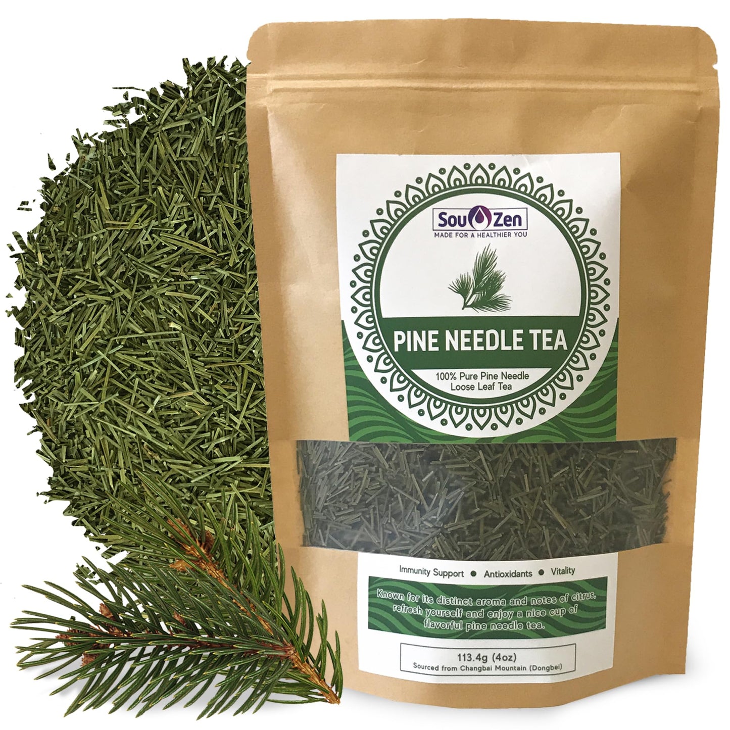 Sou Zen Pine Needle Tea Loose Leaf 4oz | Korean Pine Needle Herbal Tea from Changbai Mountains | Caffeine Free Loose Leaf Tea | Raw, Non-GMO, No