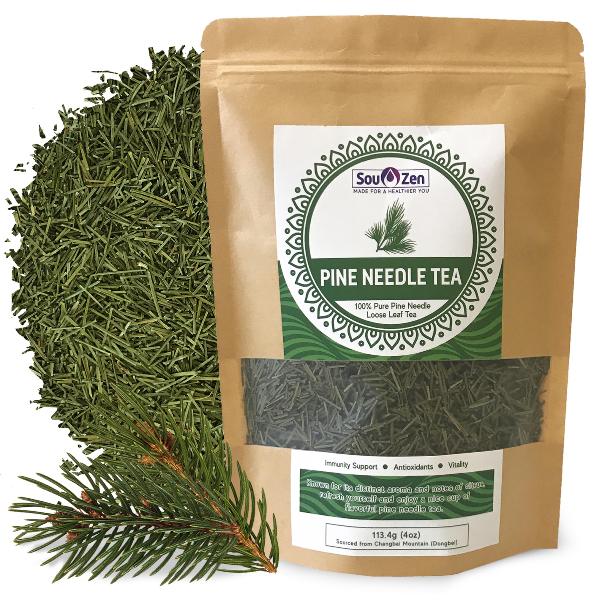 Sou Zen Pine Needle Tea Loose Leaf 4oz | Korean Pine Needle Herbal Tea from Changbai Mountains | Caffeine Free Loose Leaf Tea | Raw, Non-GMO, No