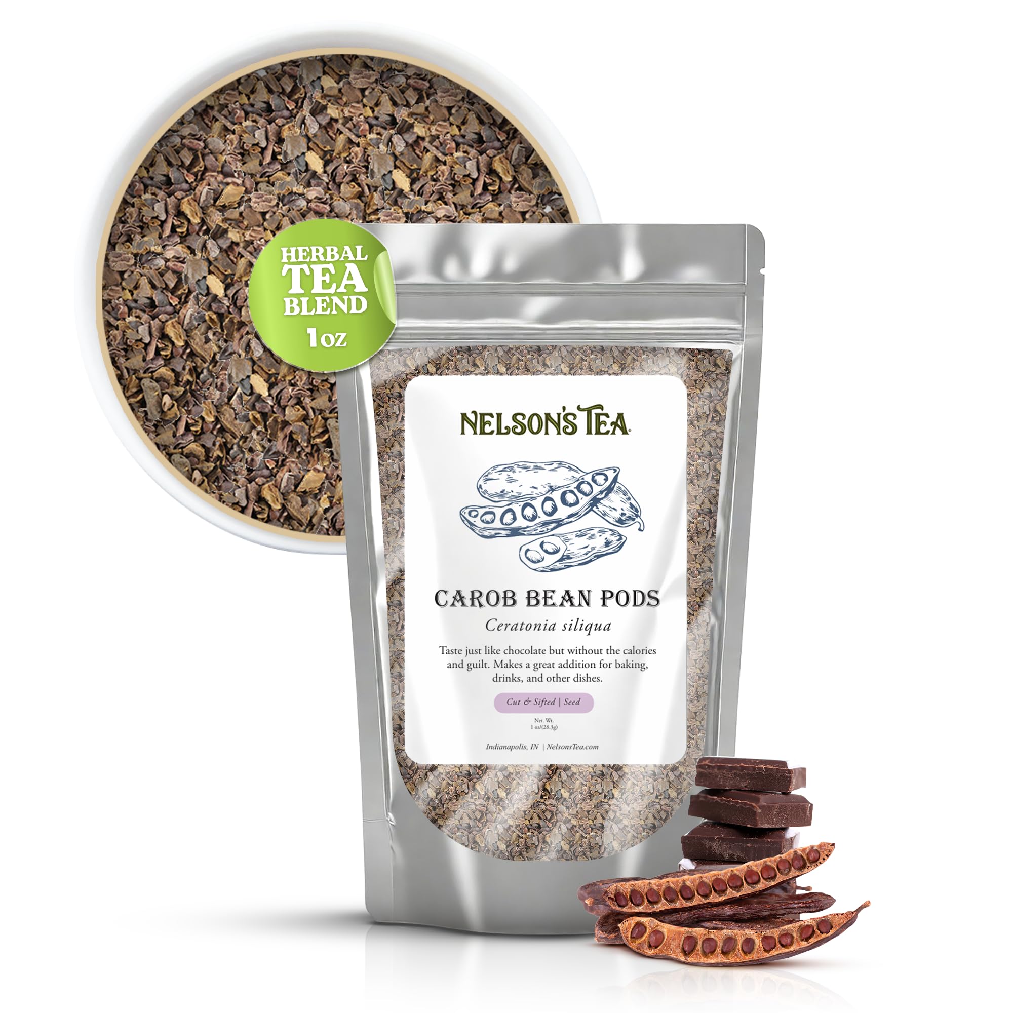 Nelson's Tea Cut & Sifted Carob Bean Pods - Sugar Free Chocolate Alternative, Dried Ceratonia Siliqua Pods for Lower-Sugar, Theobromine-Free Chocolate, Baking, Tea, Snacks, Cooking, Desserts, (1oz)