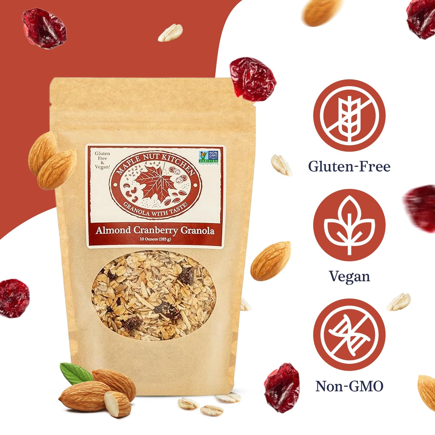 Maple Nut Kitchen Almond Cranberry Granola 3 Pack - Crunchy, Delicious, Artisan Granola with Gluten Free Oats, Almonds, Cranberries & Maple Syrup |