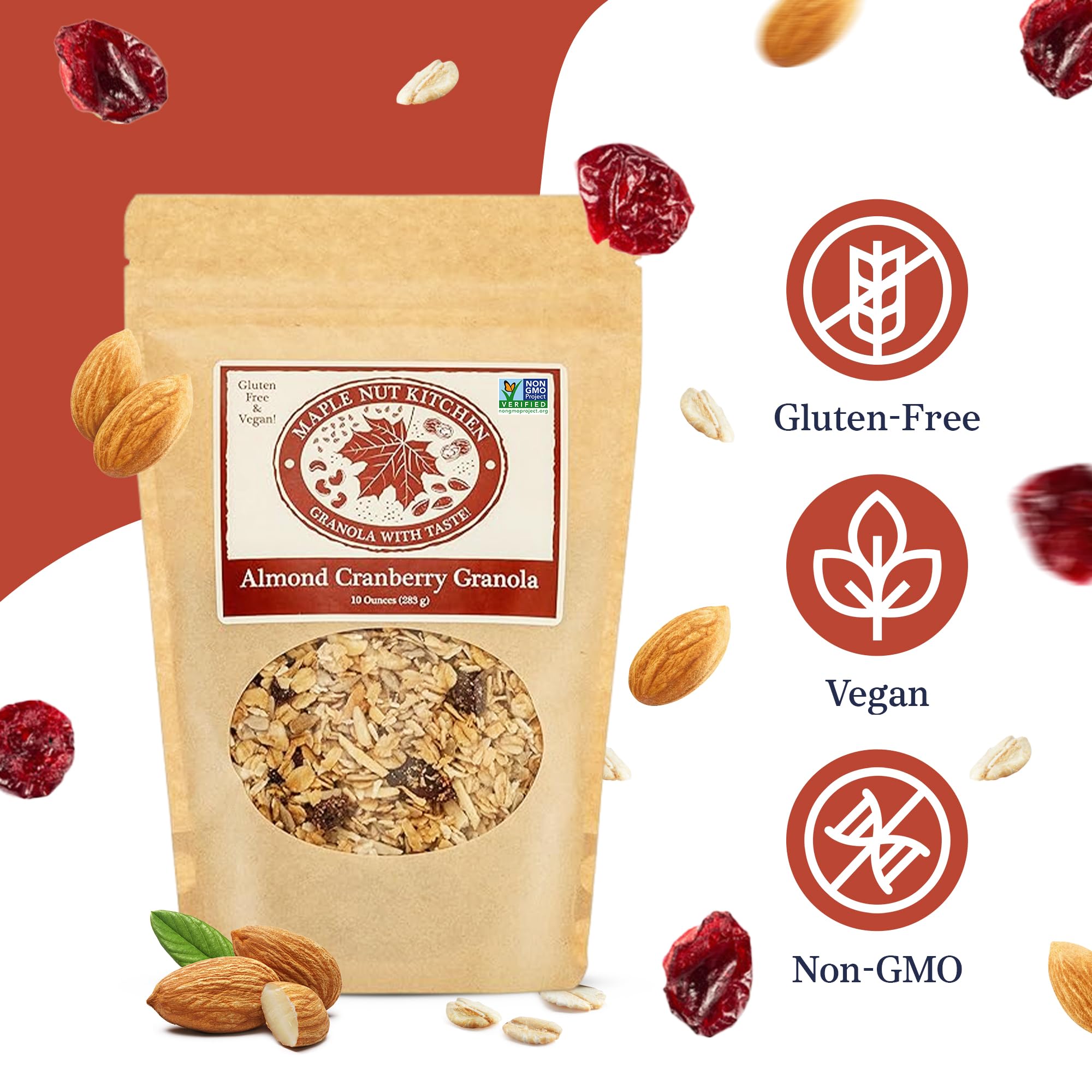 Maple Nut Kitchen Almond Cranberry Granola 3 Pack - Crunchy, Delicious, Artisan Granola with Gluten Free Oats, Almonds, Cranberries & Maple Syrup |