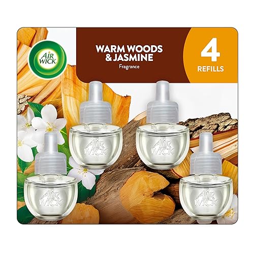 Air Wick Plug-In Scented Oil Refills, 4 Count, Warm Woods & Jasmine, Air Freshener, Essential Oils