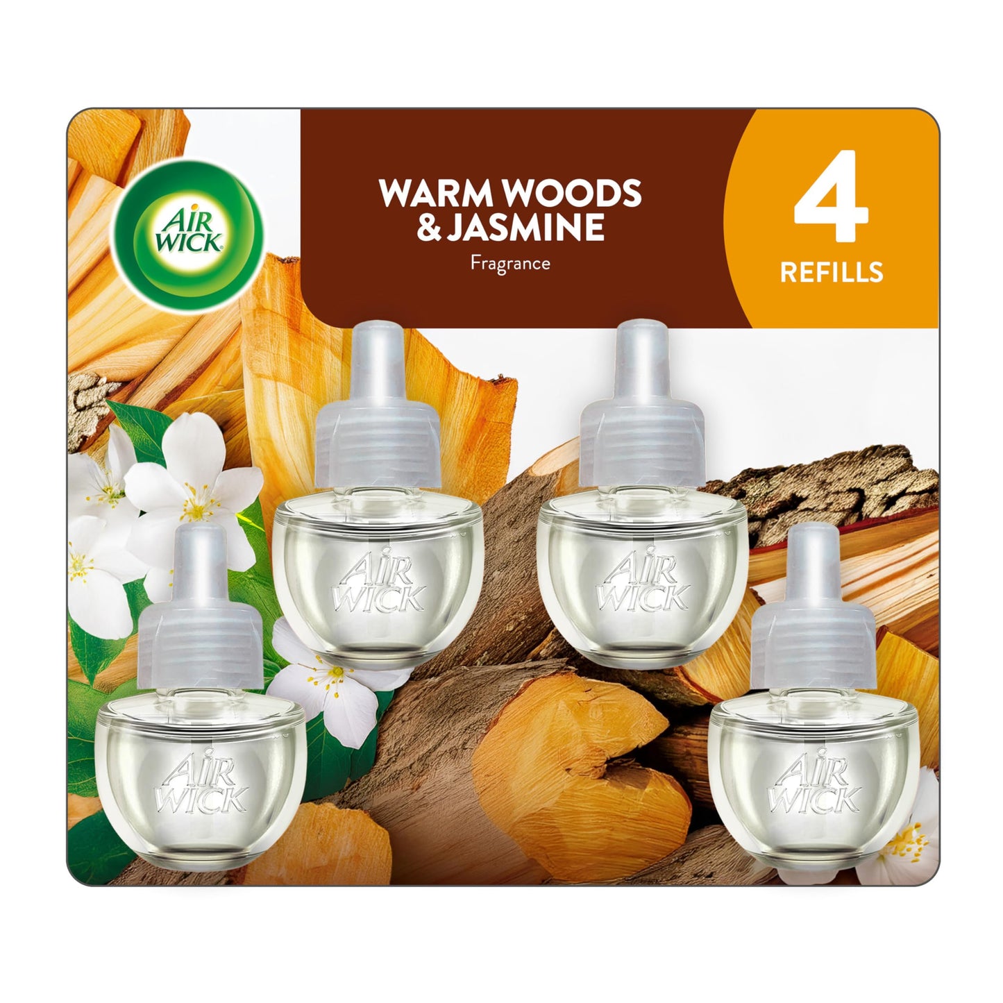 Air Wick Plug-In Scented Oil Refills, 4 Count, Warm Woods & Jasmine, Air Freshener, Essential Oils