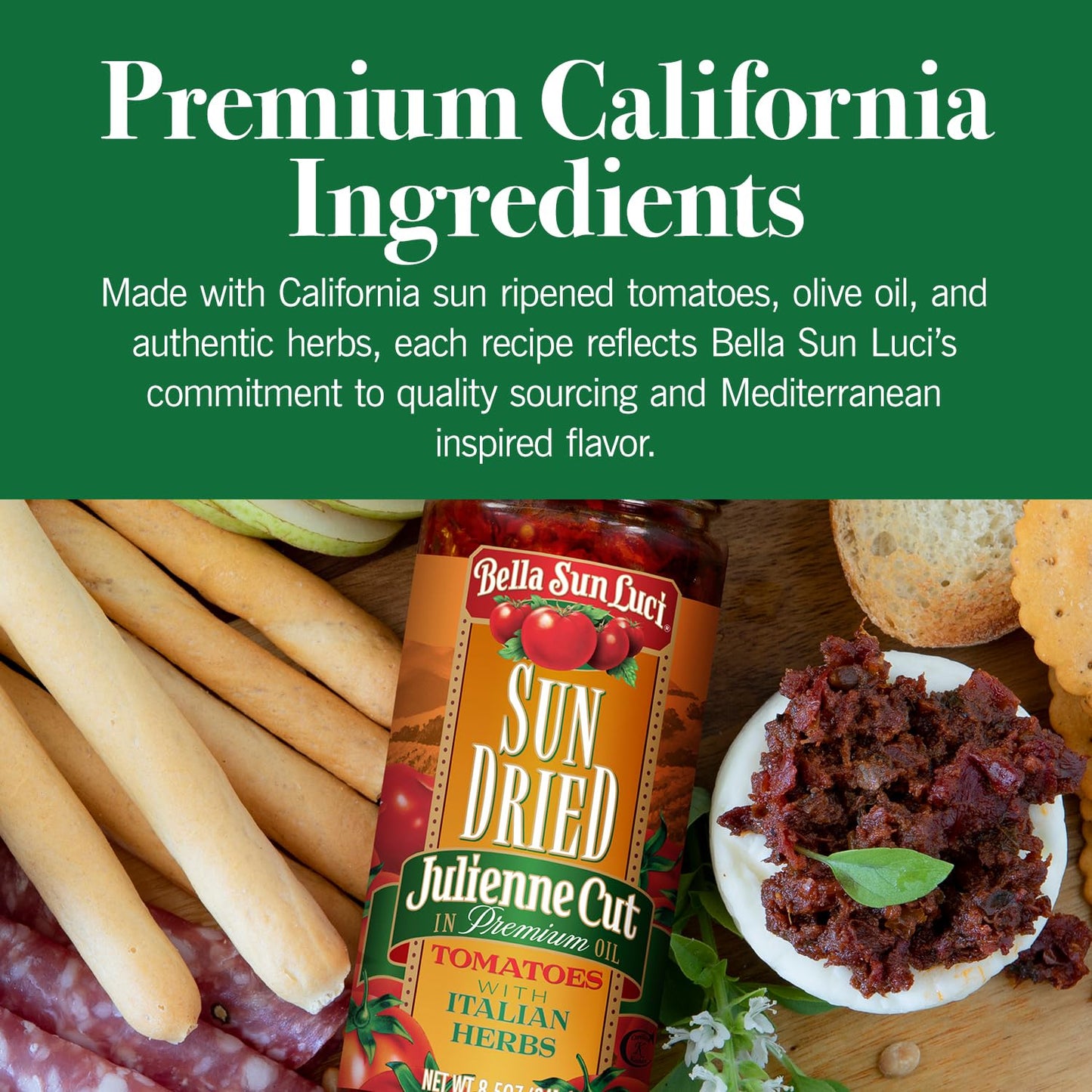 Bella Sun Luci Sun-Dried Tomato Halves in Premium Oil with Italian Herbs, Ready-to-Use Mediterranean Ingredient for Pasta, Salads & Pizza, 8.5 oz