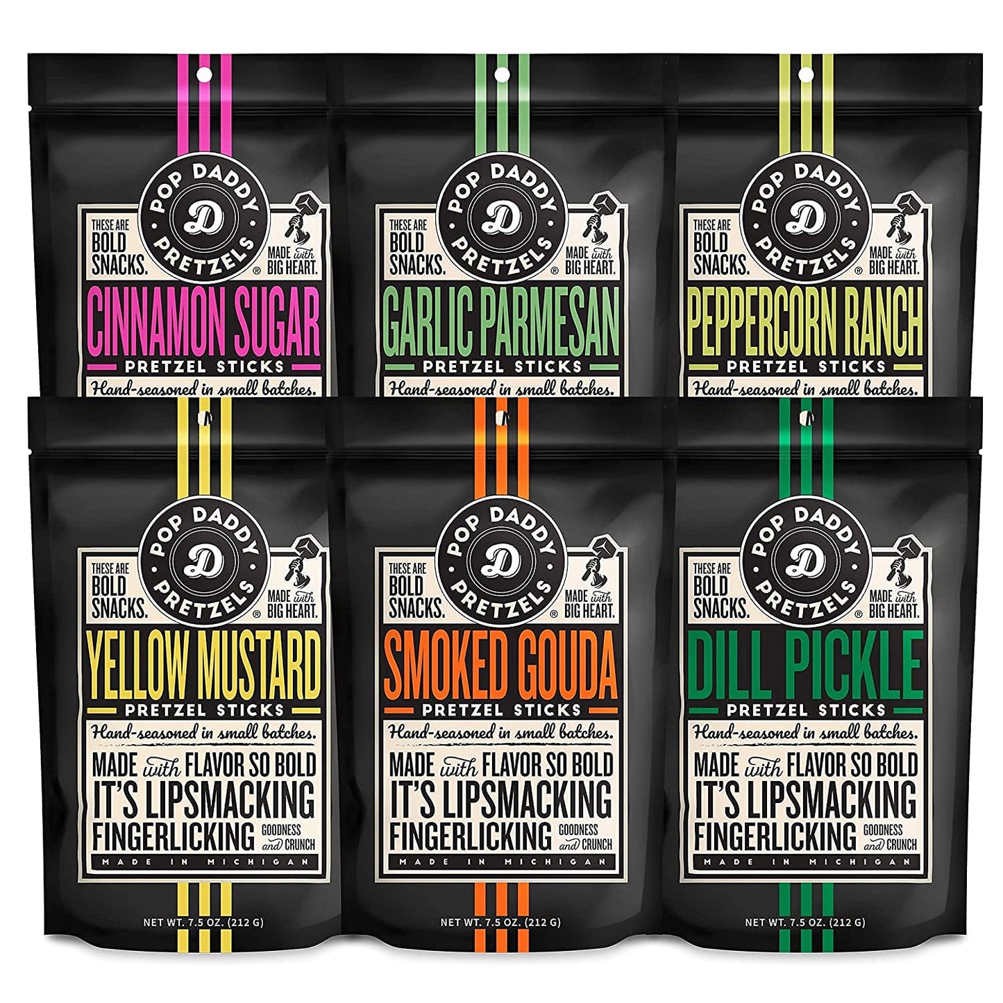 Pop Daddy Flavored Pretzels Sticks, Gourmet Pretzels, 7.5oz Variety Pack, 6 Pack, Garlic Parm, Cinnamon Sugar, Peppercorn Ranch, Smoked Gouda, Dill