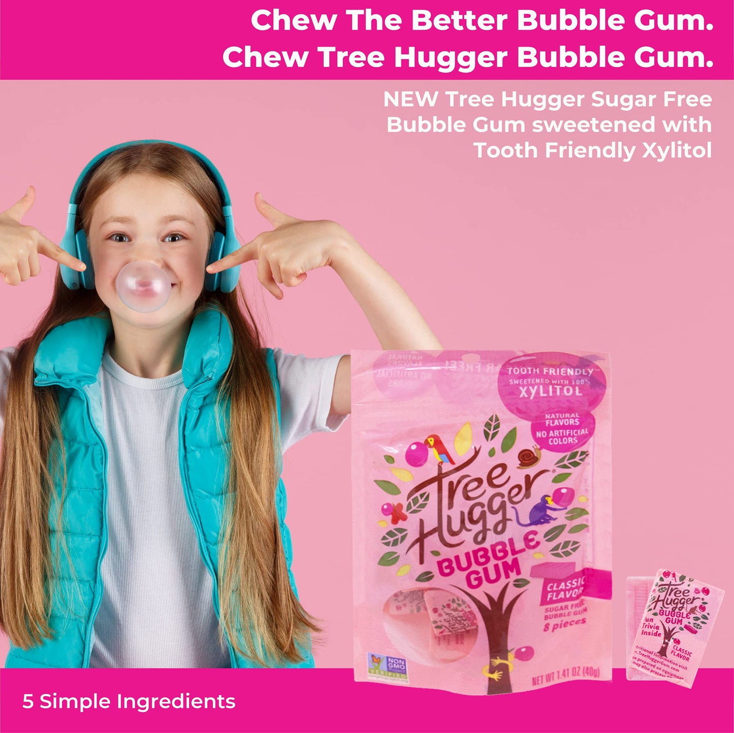Tree Hugger Classic Bubble Gum Sweetened with 100% Tooth Friendly Xylitol, 1.4 oz /8 Pieces Per bag (Pack of 12 Bags)