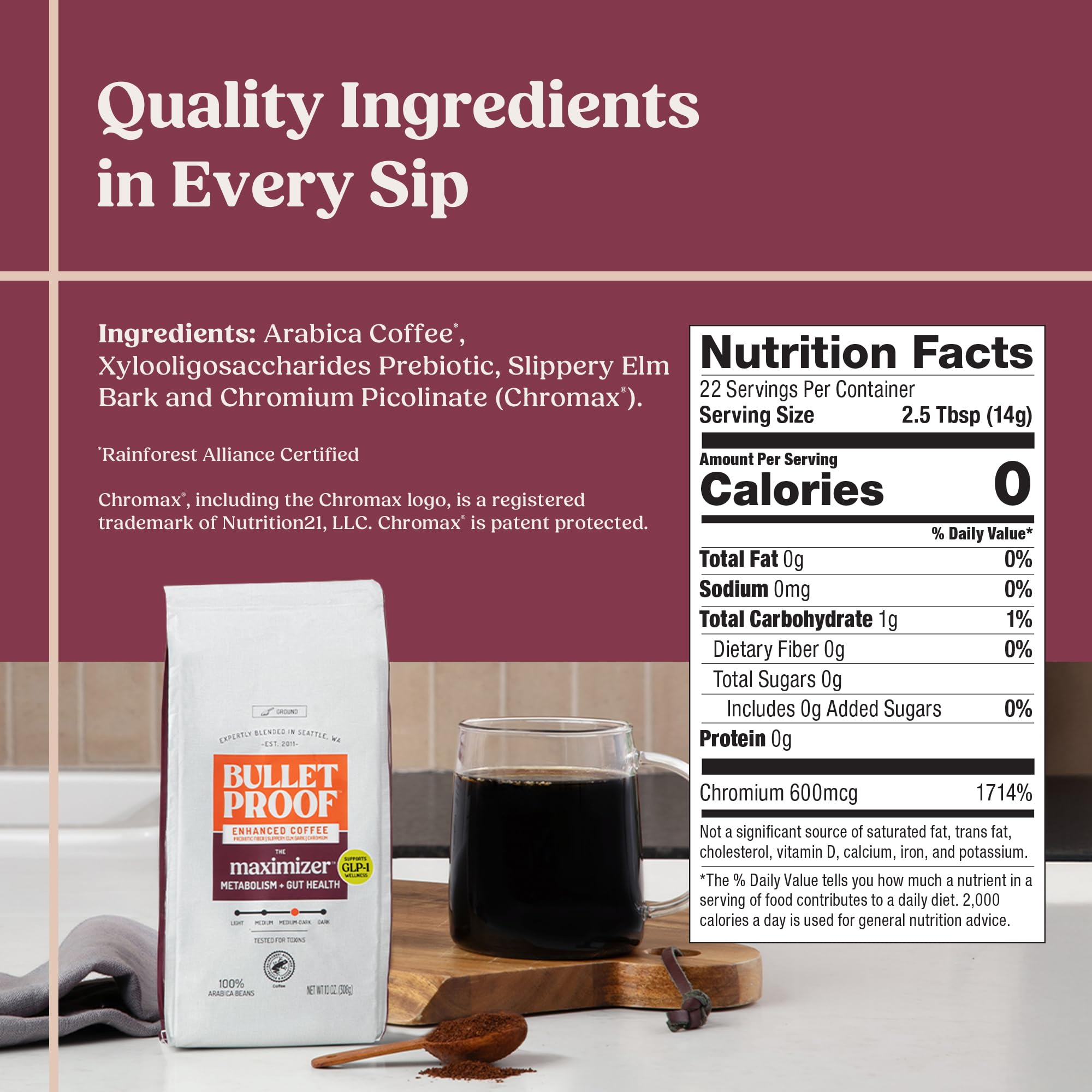 Bulletproof Maximizer Ground Coffee with Prebiotics, Metabolism and Gut Health Support, Clean Coffee Tested for Toxins, Medium-Dark Roast, 10 oz