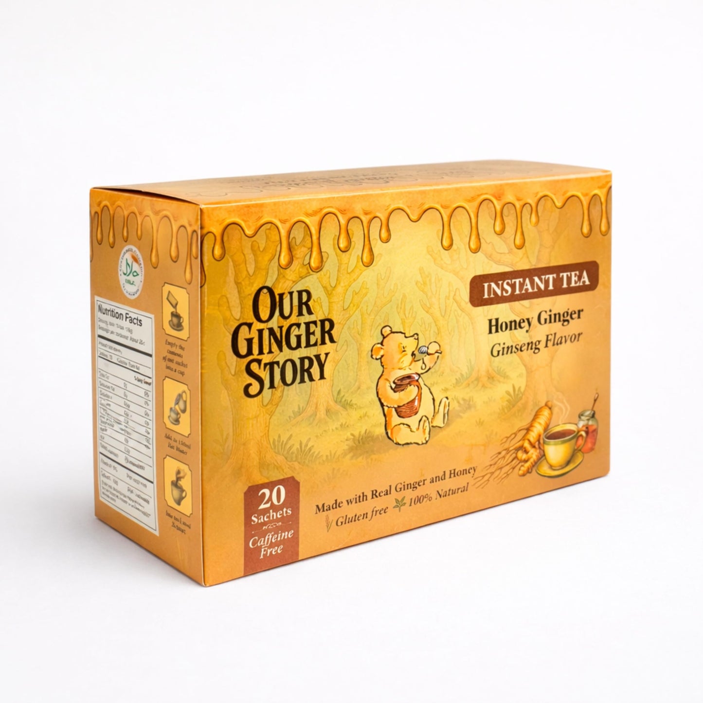 Premium Honey Ginger Instant Tea Crystals, With Ginseng 20 Sachets Real Ginger Real Honey Pure Cane Sugar Caffeine Free Hot Or Cold Single Serve Drink