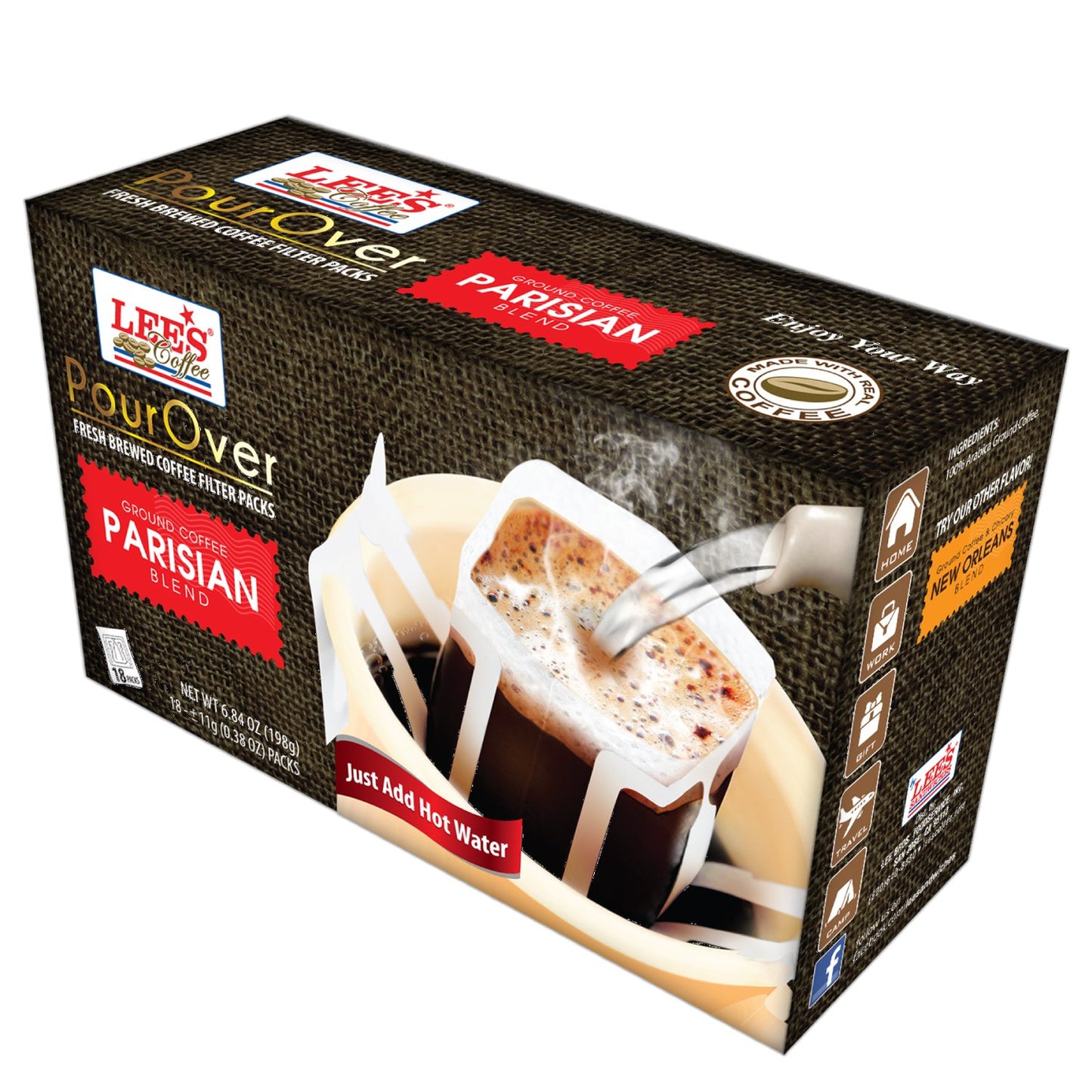 Lee's Coffee Pourover Fresh Ground Filter Packs, Parisian, 18 Count