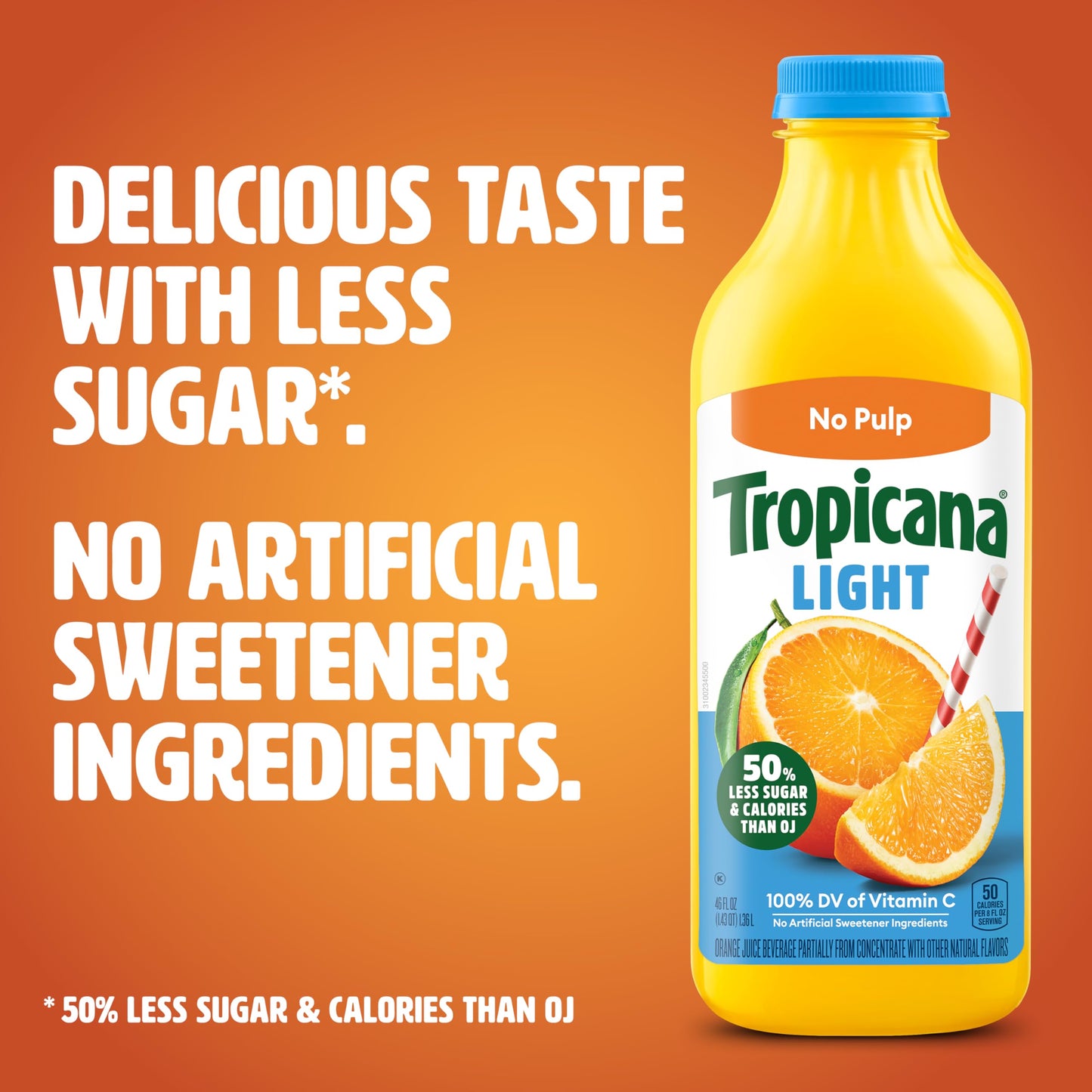 Tropicana Light Orange Juice Beverage, No Pulp, 46 fl oz Bottle