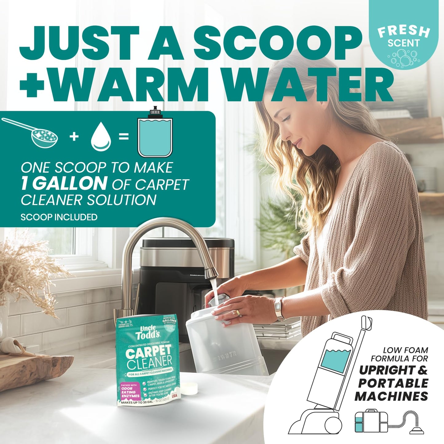 Uncle Todd's Carpet Cleaner Powder for Machines | Makes 30 Gallons of Carpet Cleaner Solution | Enzyme Formula Carpet Deodorizer | Removes Pet Odors