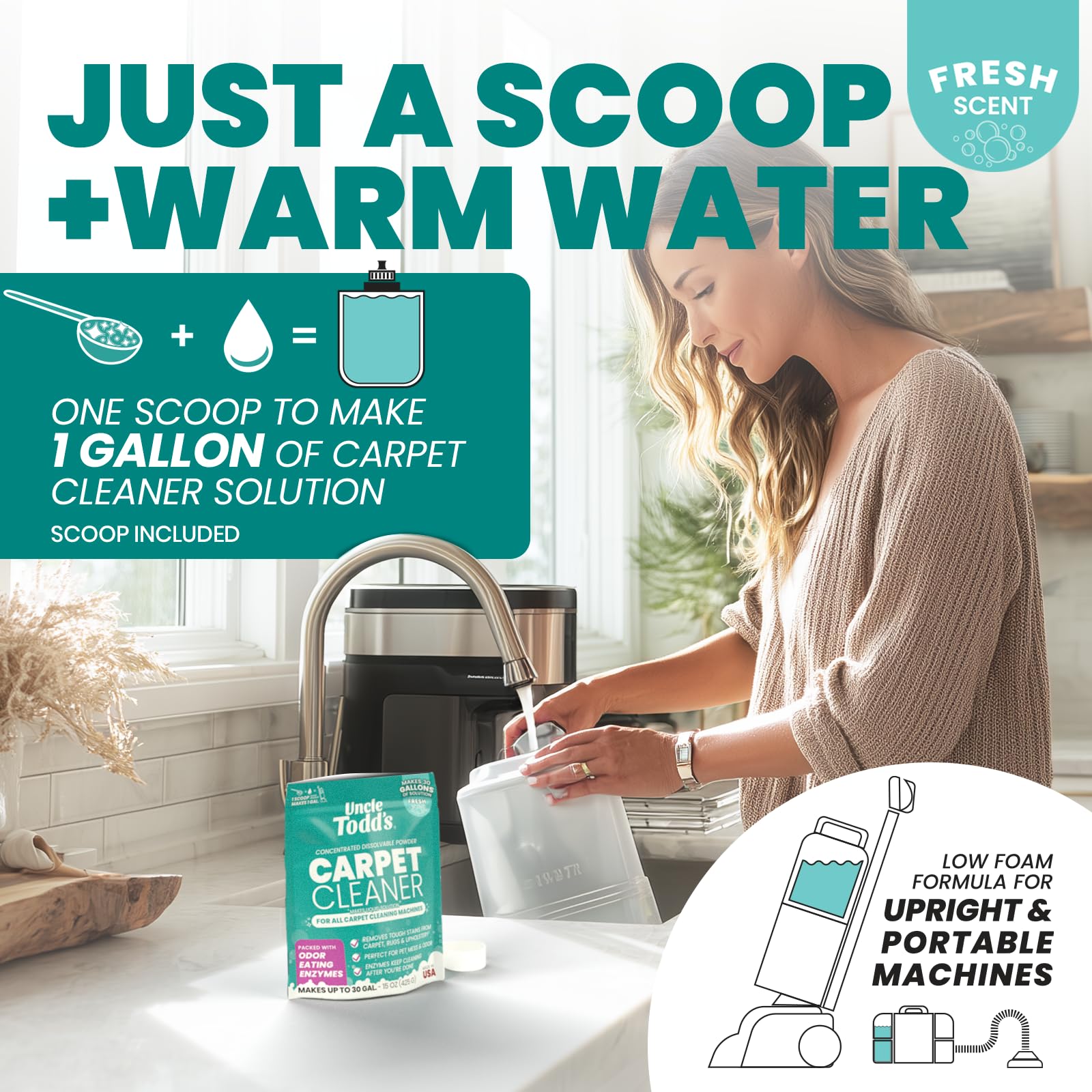 Uncle Todd's Carpet Cleaner Powder for Machines | Makes 30 Gallons of Carpet Cleaner Solution | Enzyme Formula Carpet Deodorizer | Removes Pet Odors