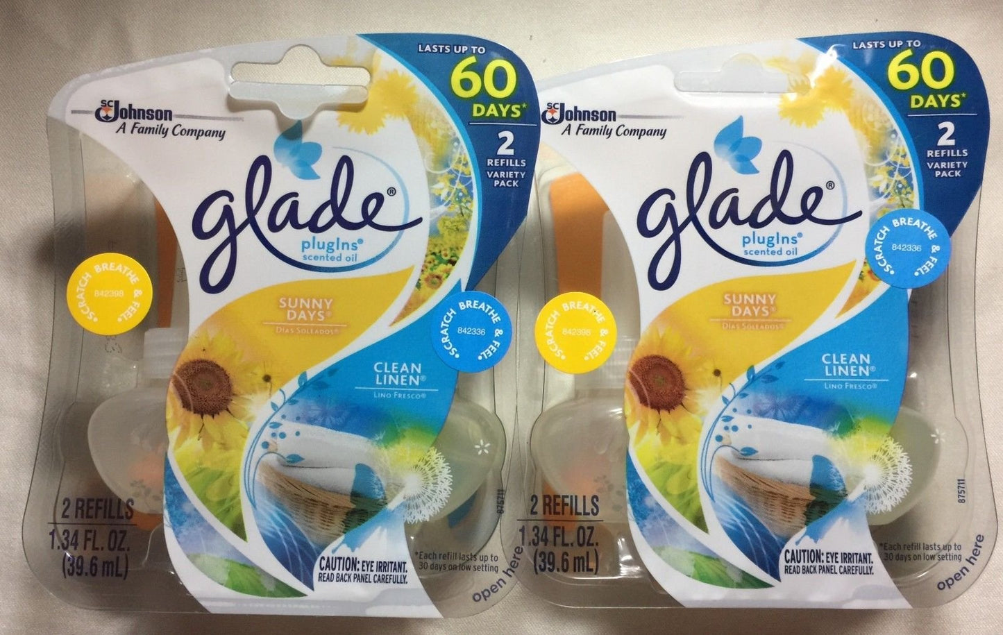 4 GLADE PLUGINS SCENTED OIL REFILLS 2 CLEAN LINEN / 2 SUNNY DAYS SEALED PACKS