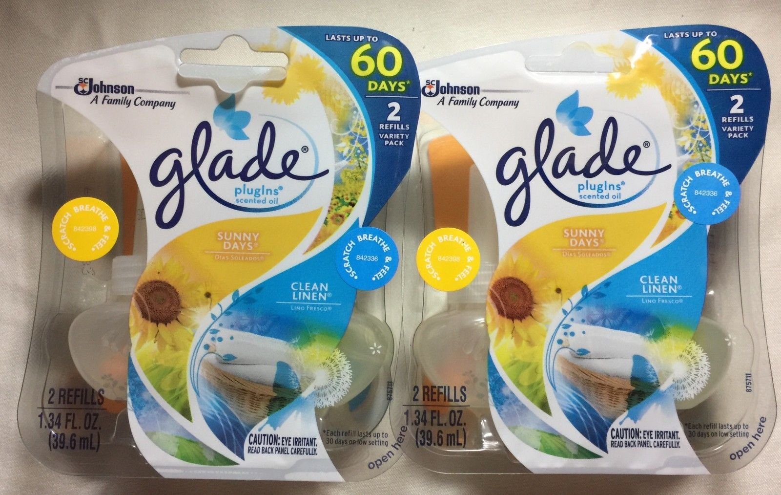 4 GLADE PLUGINS SCENTED OIL REFILLS 2 CLEAN LINEN / 2 SUNNY DAYS SEALED PACKS