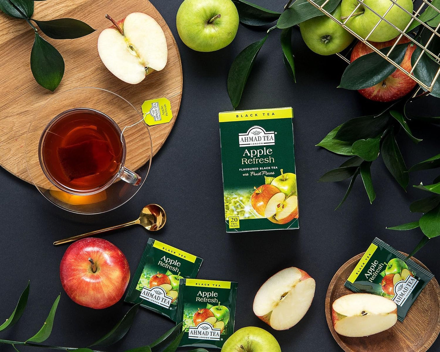 Ahmad Tea Black Tea, Apple Refresh Teabags, 20 ct (Pack of 1) - Caffeinated & Sugar-Free