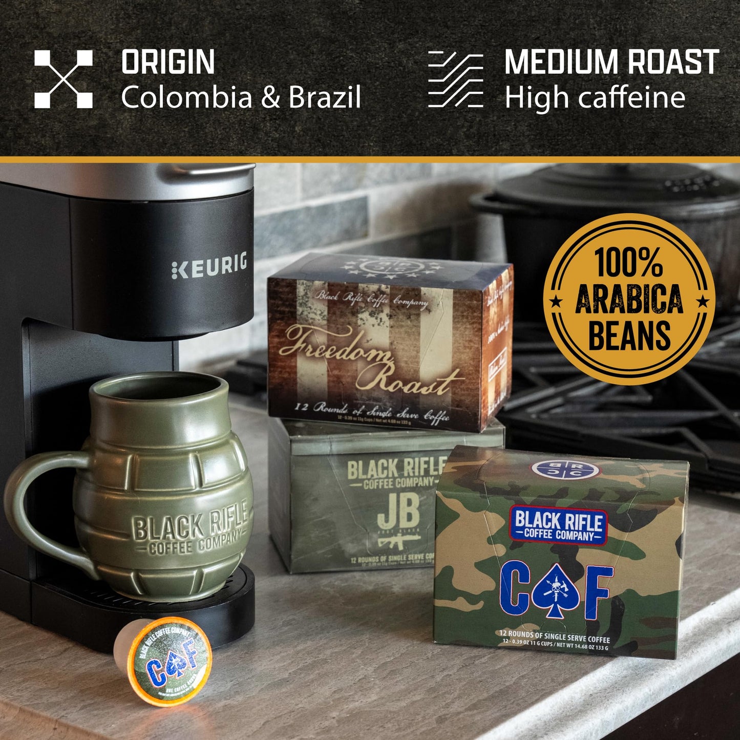 Black Rifle Coffee Company CAF, 32 Count, Medium Roast K Cups - Single Serve K Cups Coffee Pods - Kcup Pods Compatible with Keurig 1.0 & 2.0 - Made