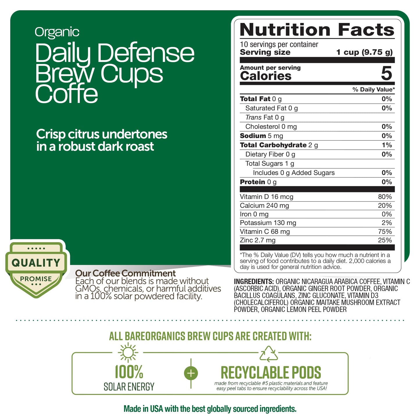 Daily Defense Organic Coffee Pods - Coffee with Maitake, Ginger Root, Lemon Peel & Superfoods - Healthy Mold Free Probiotic beverage, Vegan, Gluten