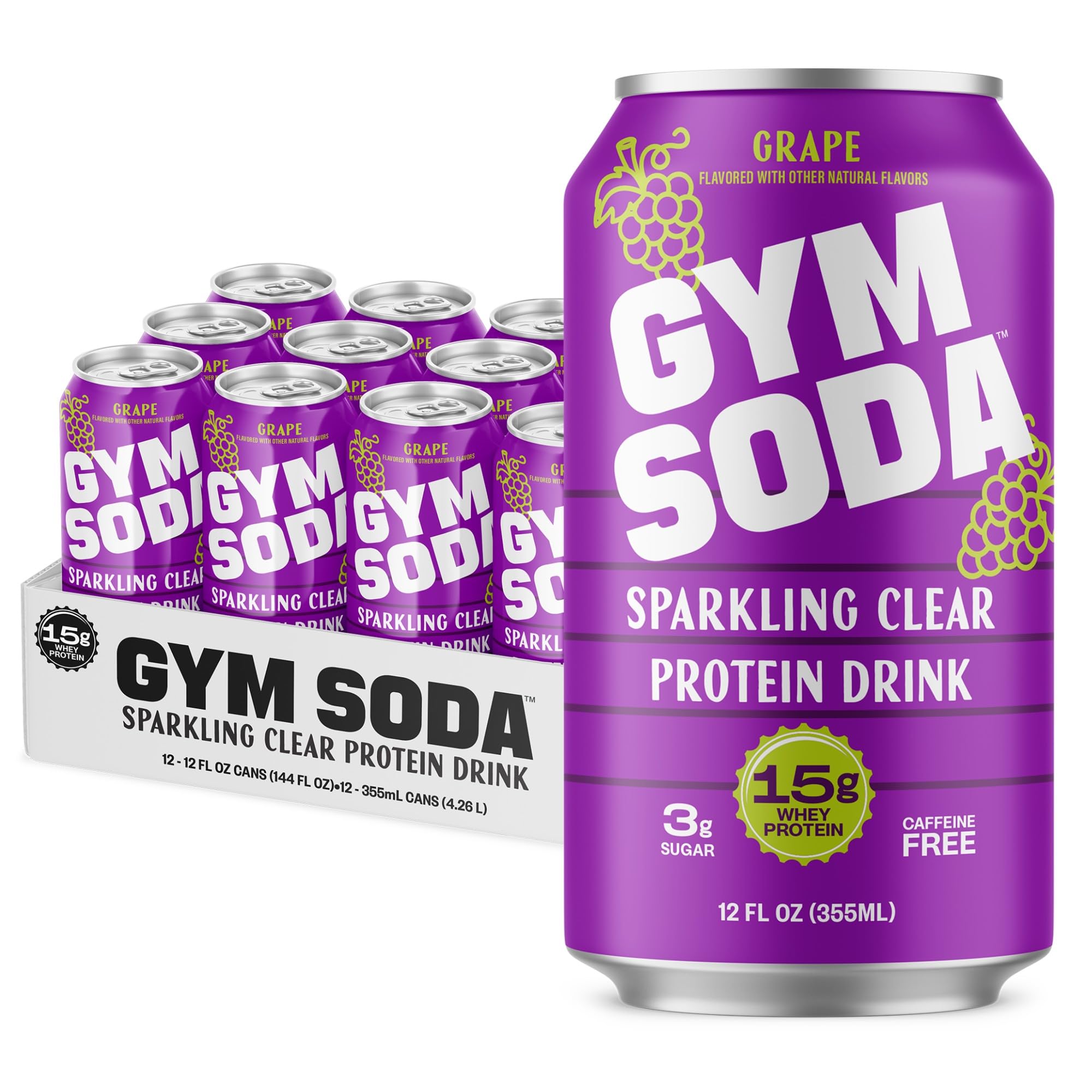 Gym Soda Sparkling Clear Protein Soda, 15g of Clear Whey Protein, Lion’s Mane, L Theanine, Low Sugar, Naturally Sweetened, Lightly Carbonated