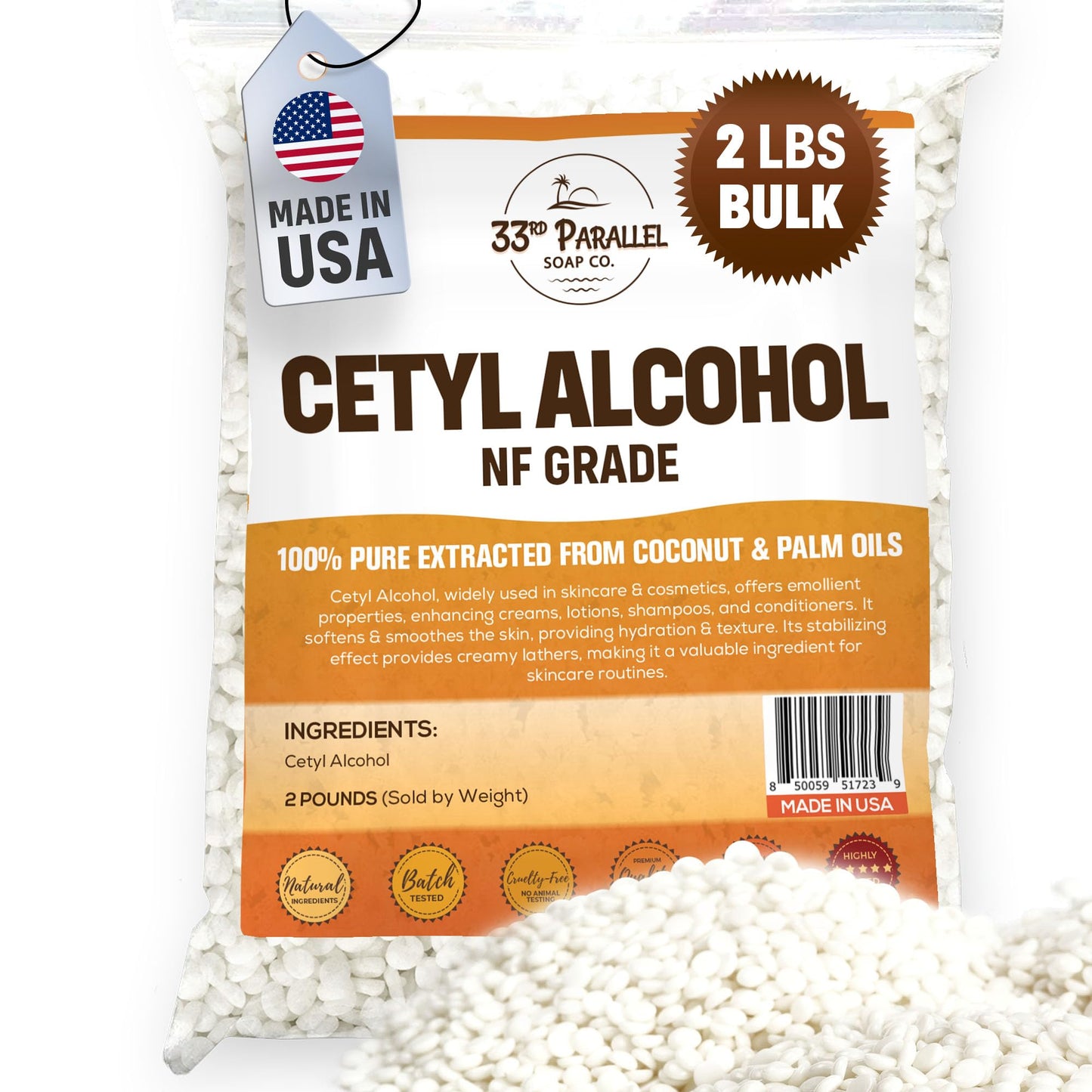 Cetyl Alcohol NF Grade (2 lbs / 32 oz) 100% Pure Extracted from Coconut & Palm Oils. Premium Granules Cetyl Alcohol for Lotion Making, Creams, Scrubs