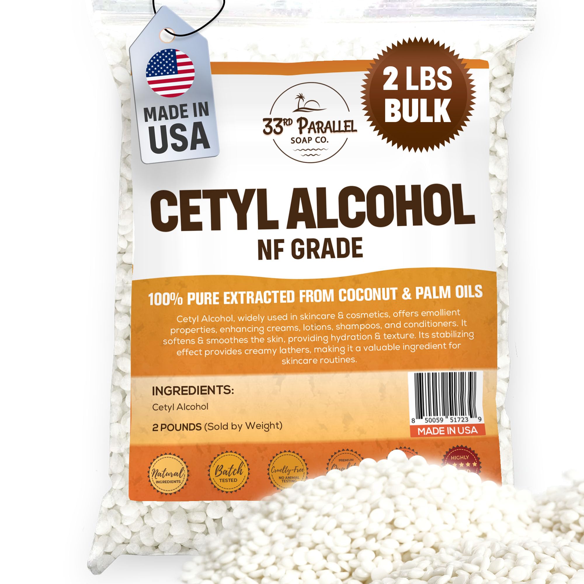 Cetyl Alcohol NF Grade (2 lbs / 32 oz) 100% Pure Extracted from Coconut & Palm Oils. Premium Granules Cetyl Alcohol for Lotion Making, Creams, Scrubs
