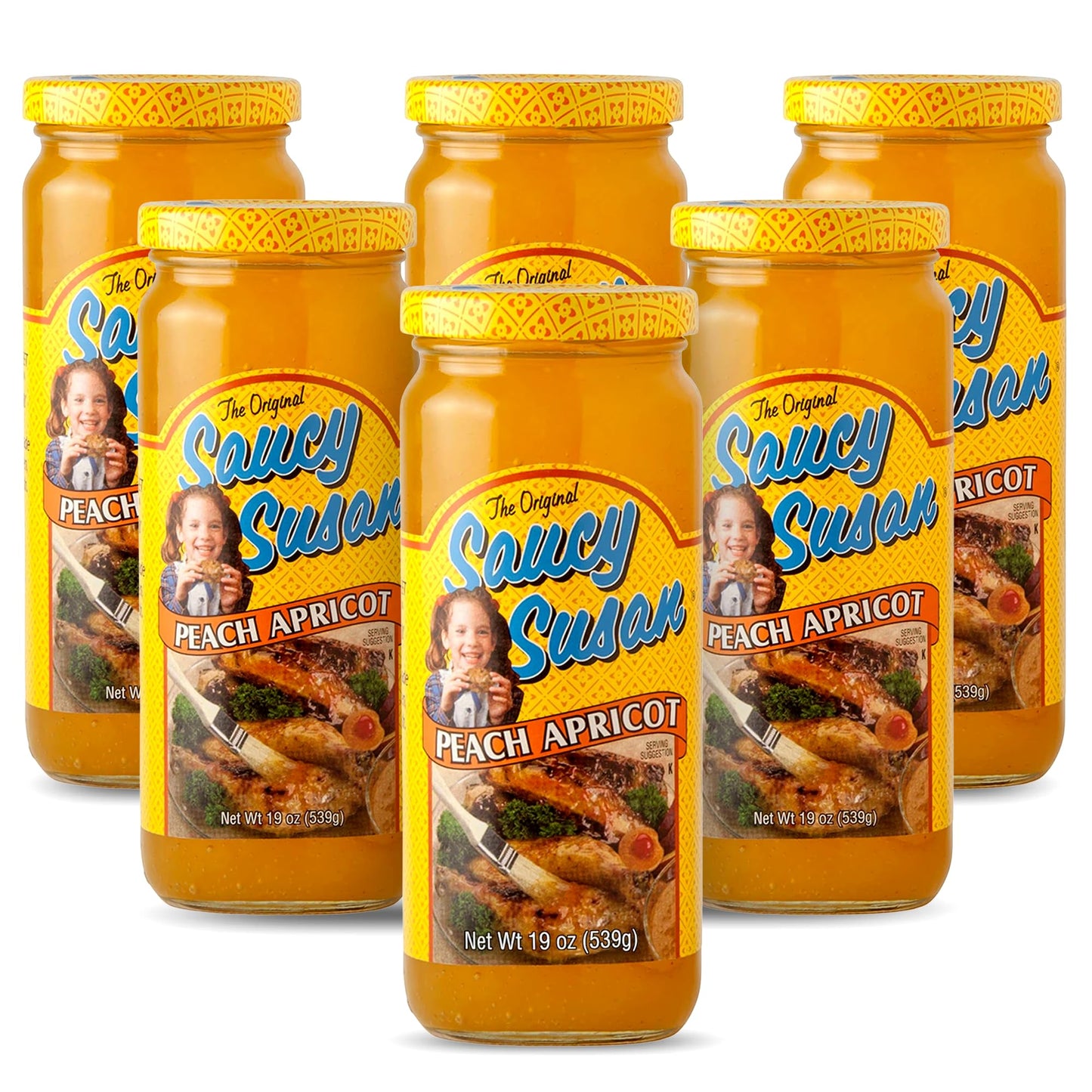 Saucy Susan Peach Apricot ORIGINAL Sauce - 6 Pack (6 × 19 oz Jars) - Sweet & tangy blend of apricots, peaches & spices; ideal for glazing, dipping